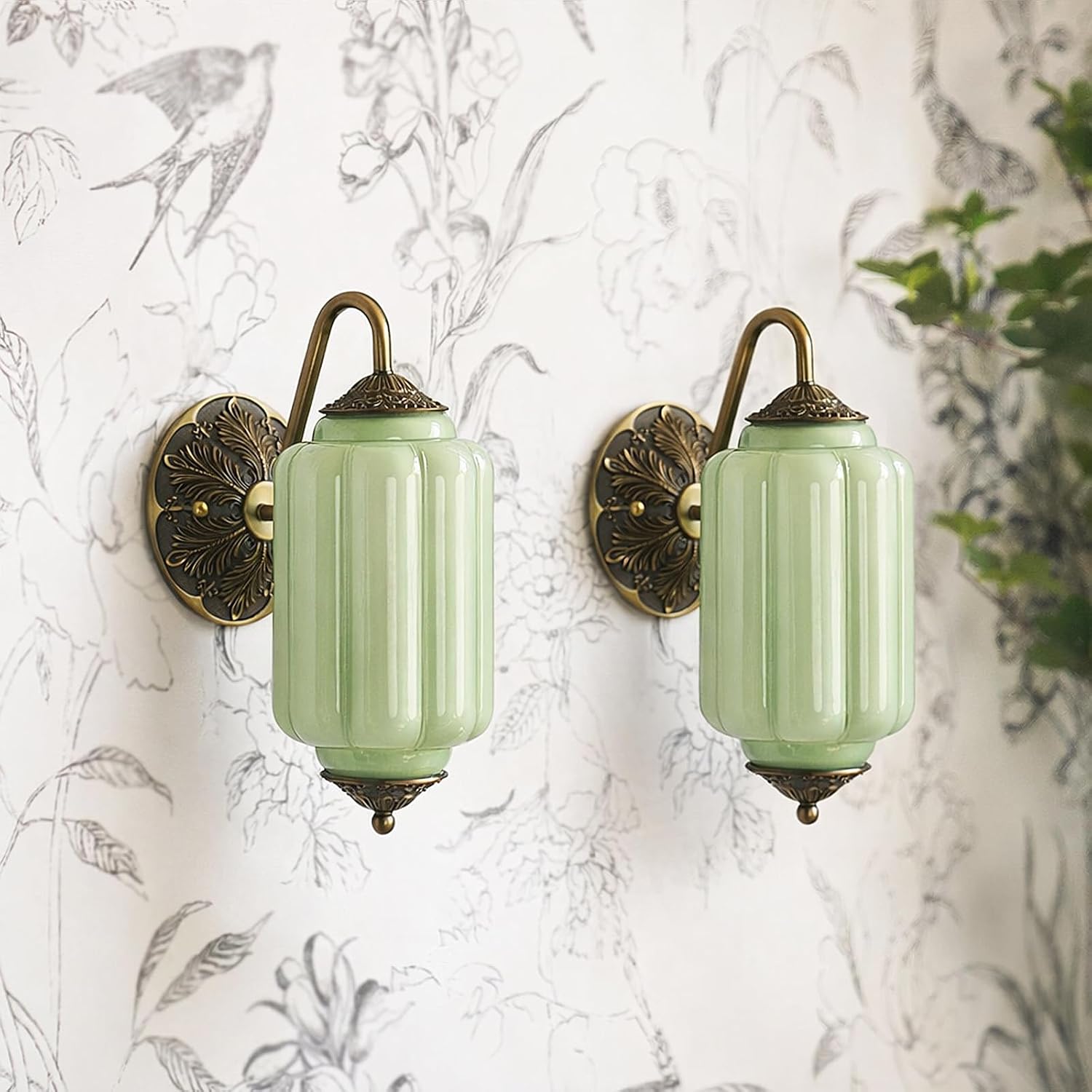2-Pack Antique Gold Milk Glass Wall Sconce - Vintage Green Shade & Brass Finish Base - Indoor Wall Lighting Fixture for Living Room, Bedroom, Bathroom, Hallway, Entryway (2 Pack/Green)