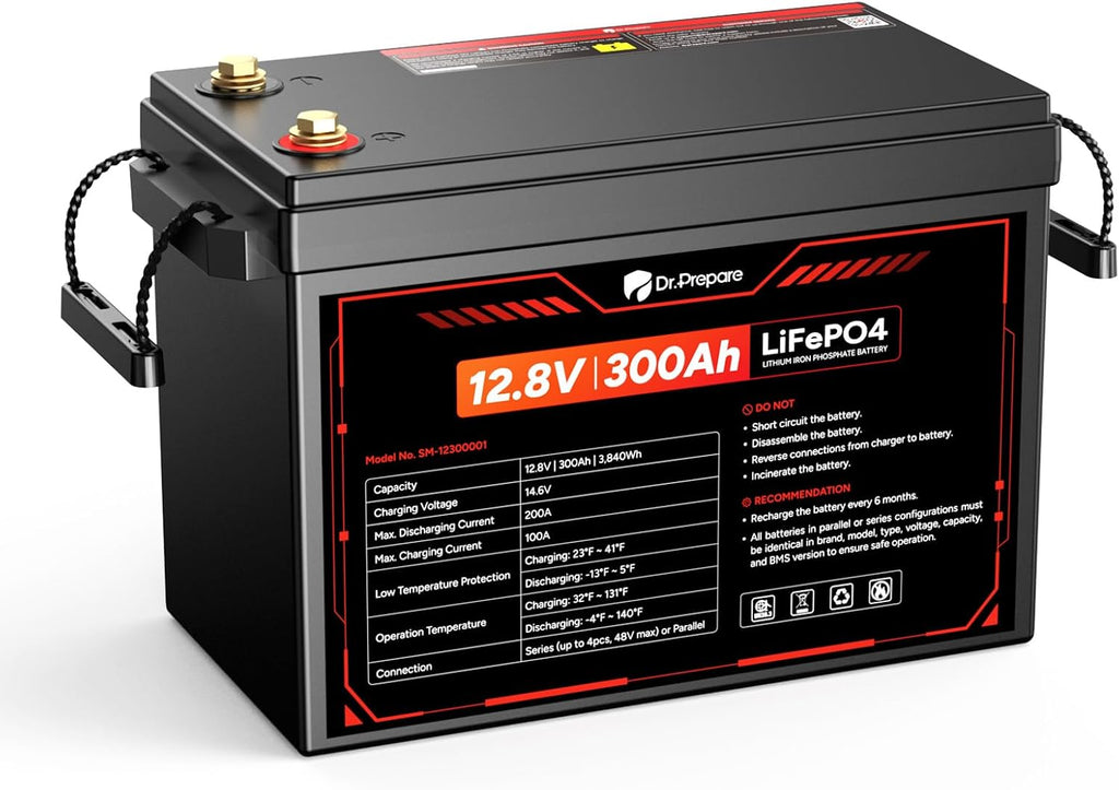 DR.PREPARE 12V 300Ah LiFePO4 Battery, Grade A+ Cells 3840Wh Rechargeable Lithium Iron Phosphate Battery, 200A BMS & Low Temp Cut Off, Small Size for RV, Solar, Off-Grid, Camping, Boat, Backup Power