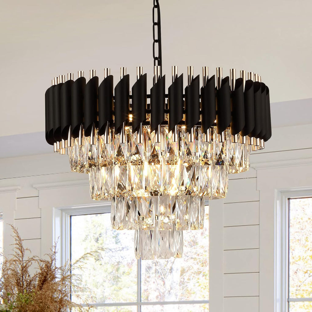 AXILIXI Modern Crystal Chandelier - 20' Crystal Ceiling Pendant Light 4 Tier Raindrop Flush Mount Chandelier in Black and Gold for Entryway, Foyer, Dining Room