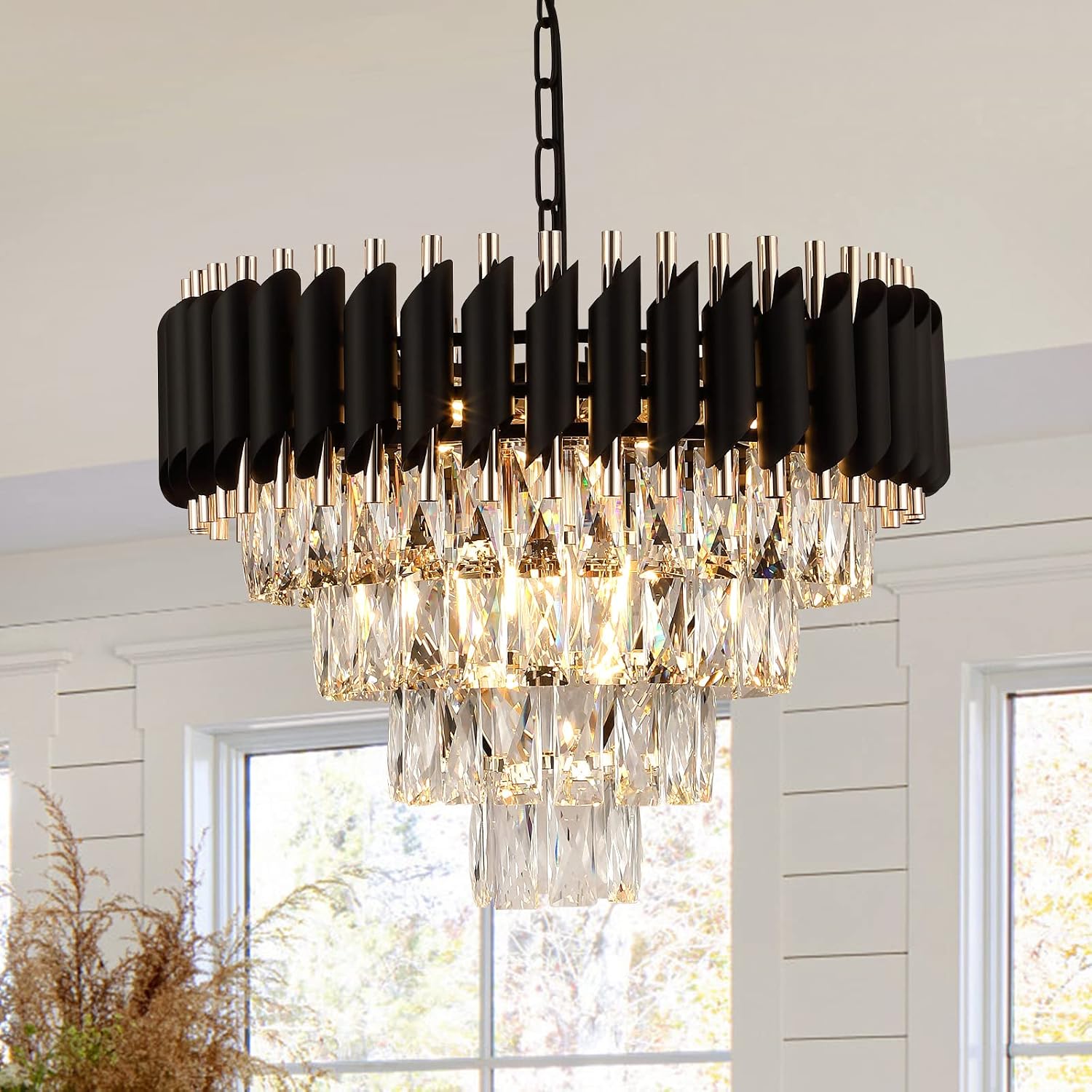 AXILIXI Modern Crystal Chandelier - 20' Crystal Ceiling Pendant Light 4 Tier Raindrop Flush Mount Chandelier in Black and Gold for Entryway, Foyer, Dining Room