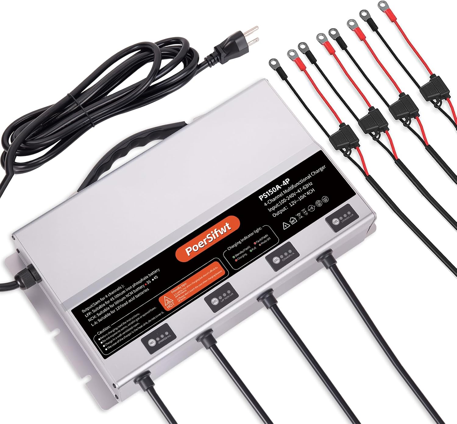3 Bank 12V 10A Marine Battery Charger, Dual Output Smart Charger for LiFePO4, Lithium, Lead Acid Batteries, with 0V Start for Boat, RV, Trolling Motor, Lawn Mower (4-Channel Output)