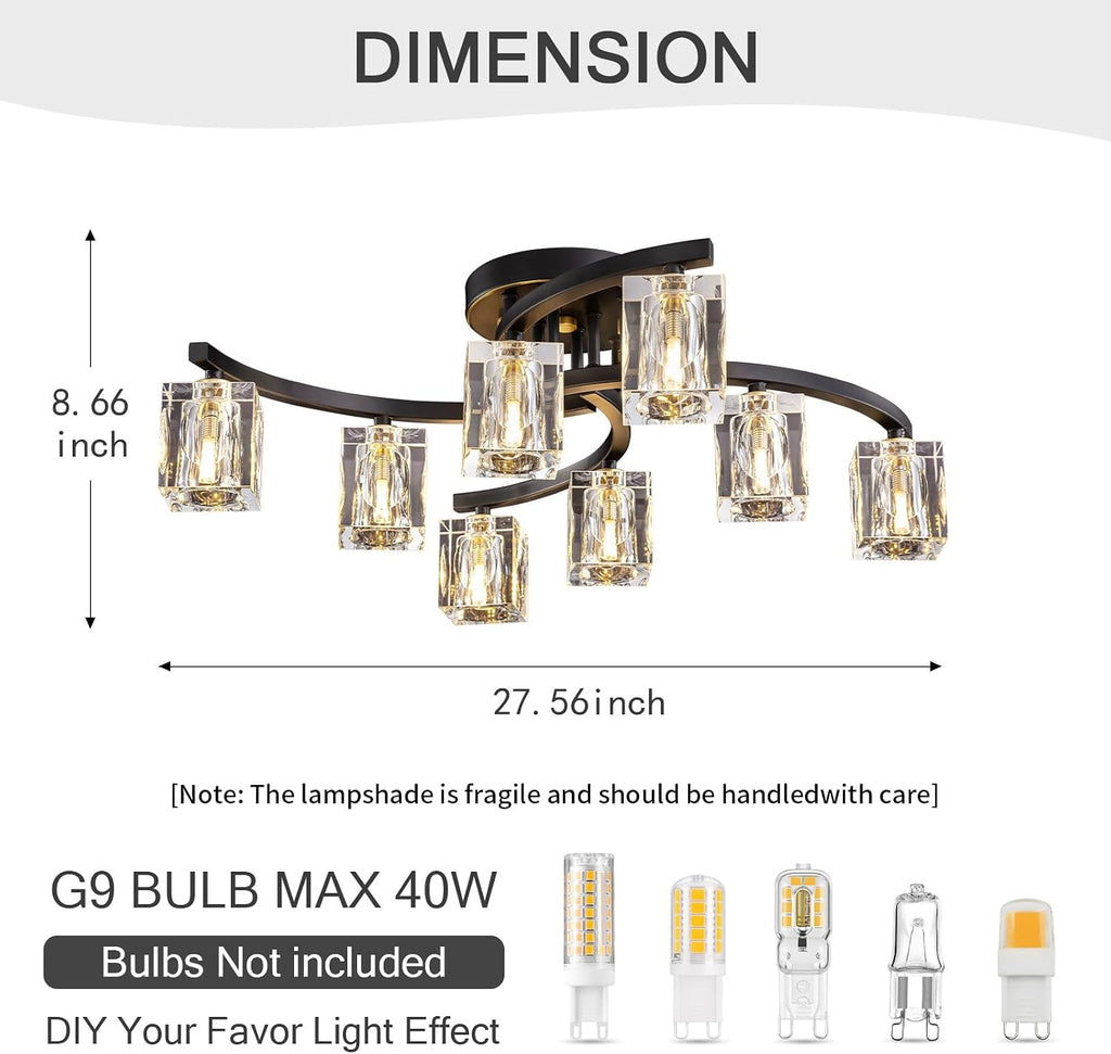 8-Light Semi Flush Mount Ceiling Light, Black and Gold Ceiling Fixture, Farmhouse Dining Room Light Fixture with K9 Crystal Shade, Modern Chandelier for Living Room,Bedroom,Entryway