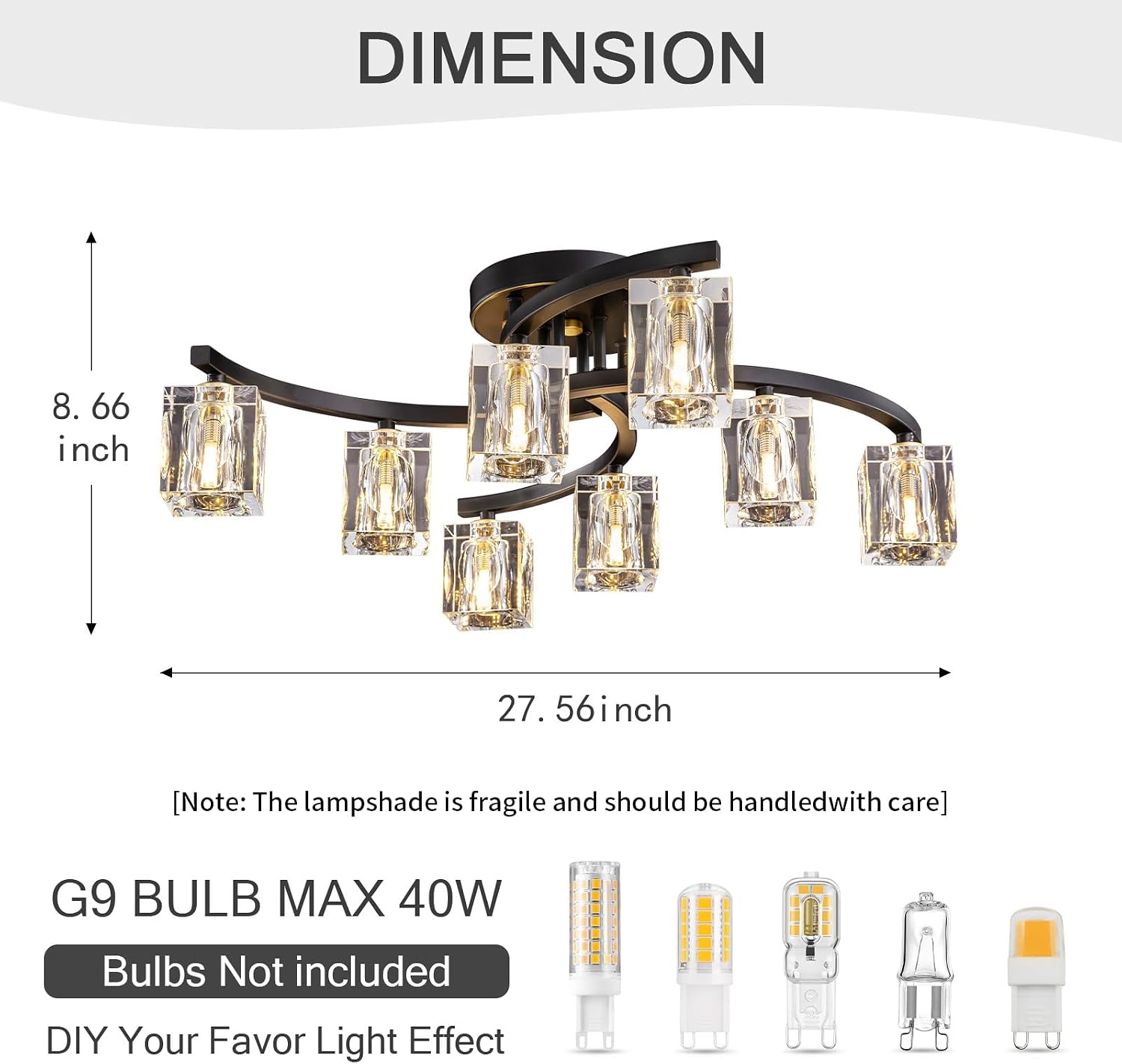 8-Light Semi Flush Mount Ceiling Light, Black and Gold Ceiling Fixture, Farmhouse Dining Room Light Fixture with K9 Crystal Shade, Modern Chandelier for Living Room,Bedroom,Entryway
