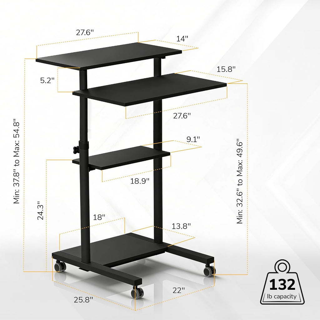 Mount-It! Black Rolling Standing Desk, Adjustable Height up to 54.7', Portable Laptop Podium Desk on Wheels, Mobile Computer Workstation with 4 Shelves 27.5' Wide, Cart for Home Office or Classroom
