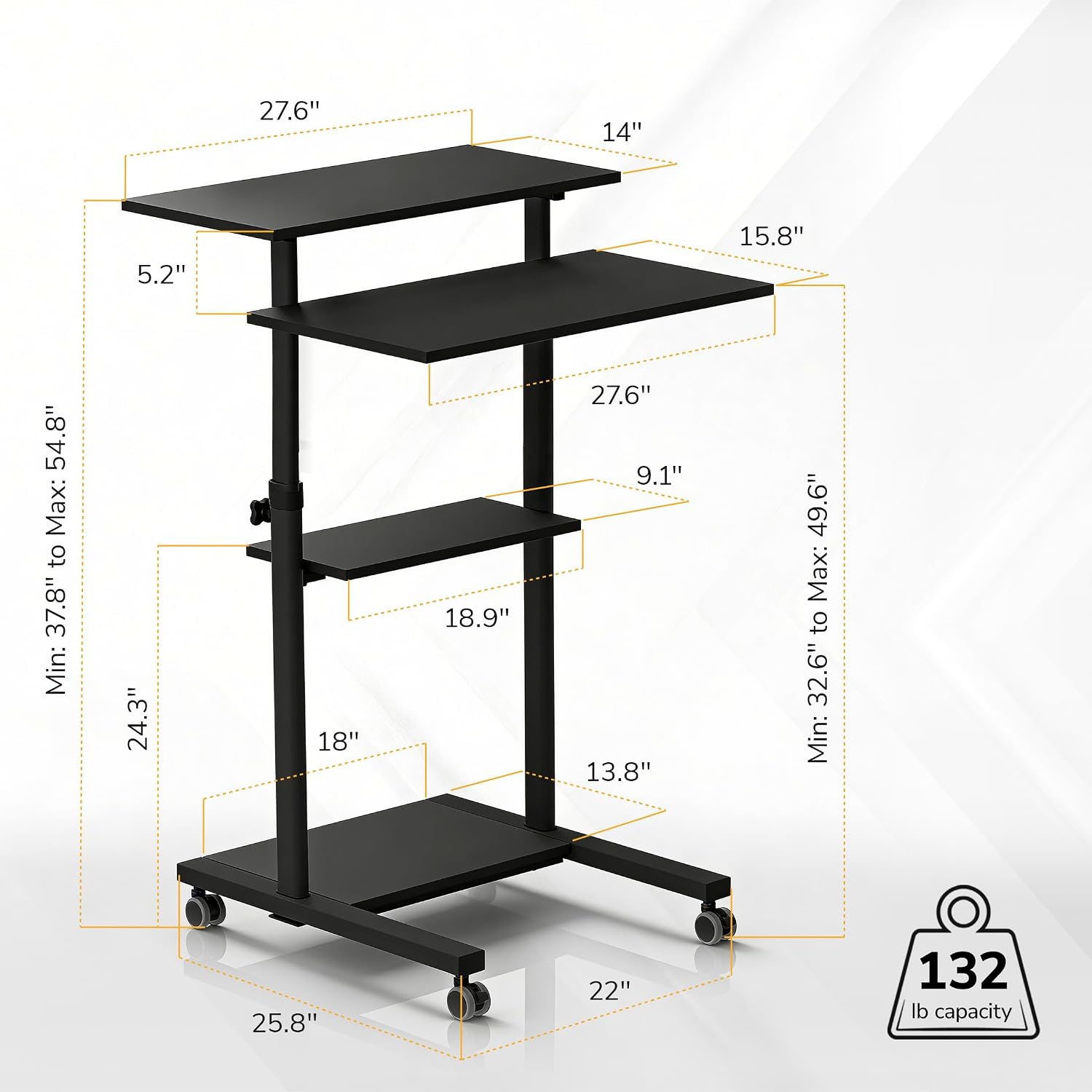 Mount-It! Black Rolling Standing Desk, Adjustable Height up to 54.7', Portable Laptop Podium Desk on Wheels, Mobile Computer Workstation with 4 Shelves 27.5' Wide, Cart for Home Office or Classroom