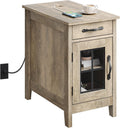 WLIVE End Table with Charging Station, Narrow Side Table for Living Room, Farmhouse Night Stand with Storage, Small Wooden Cabinet Nightstand with USB Ports and Outlets