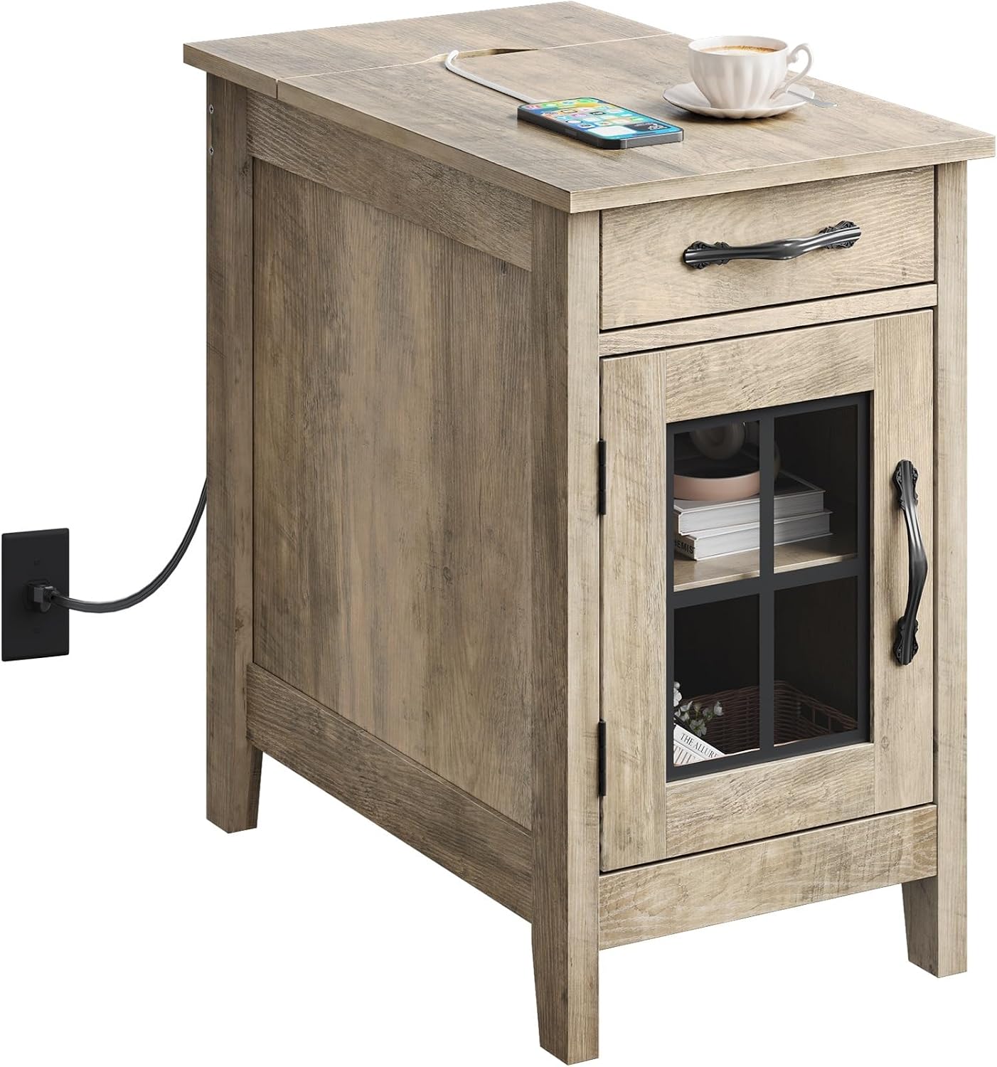 WLIVE End Table with Charging Station, Narrow Side Table for Living Room, Farmhouse Night Stand with Storage, Small Wooden Cabinet Nightstand with USB Ports and Outlets
