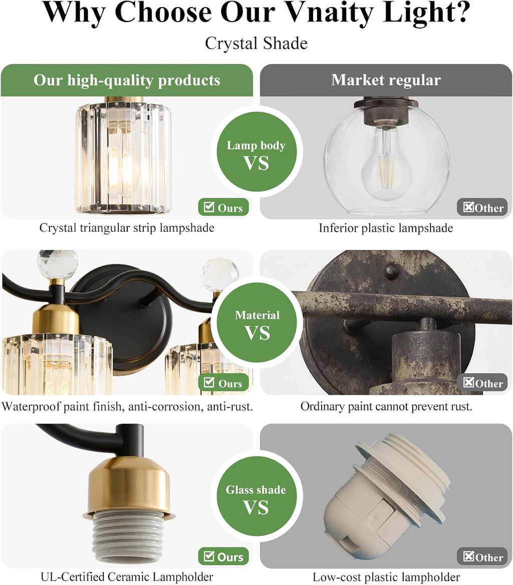 5 Light Vanity Light, Modern Black and Gold Crystal Bathroom Vanity Lighting Fixtures, Bath Wall Mount Lights with Clear Crystal Glass Shade, Wall Sconce Light for Mirror Bedroom Living Room, E26 Base
