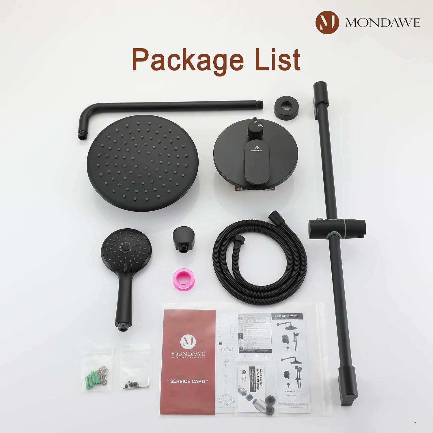 MONDAWE 9 Inch Wall Mounted Shower Faucet Set in Matte Black, Rainfall Shower Head with 3-Setting Handheld Spray Shower Set Combo, High Pressure Shower System with Solid Brass Valve