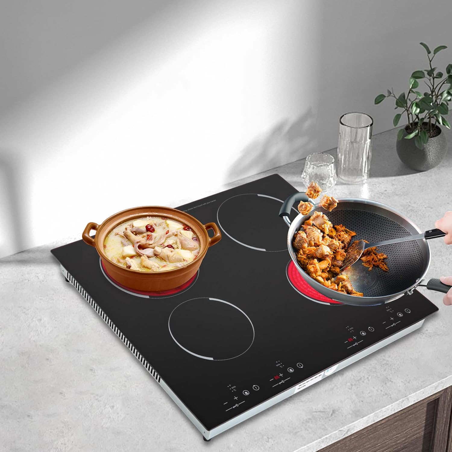 4 Burner Electric Cooktop Electric Stove Top Induction Cooktop Counter top Burner Built-in Electric Ceramic Stovetop Smooth Surface Glass 9 Heating Level Safety Lock,3000W (No Plug)