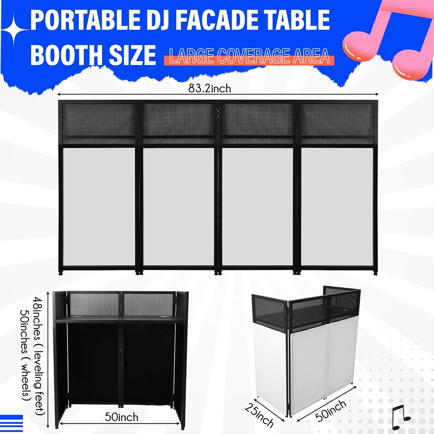 Portable DJ Facade Booth, Foldable DJ Table Station With White & Black Lighting Scrim,50'L x48' Hx 25'W DJ Stand Booth,With Adjustable DJ Event Facade Feet for Party, Black Metal Frame (52x 43.2 x 26)