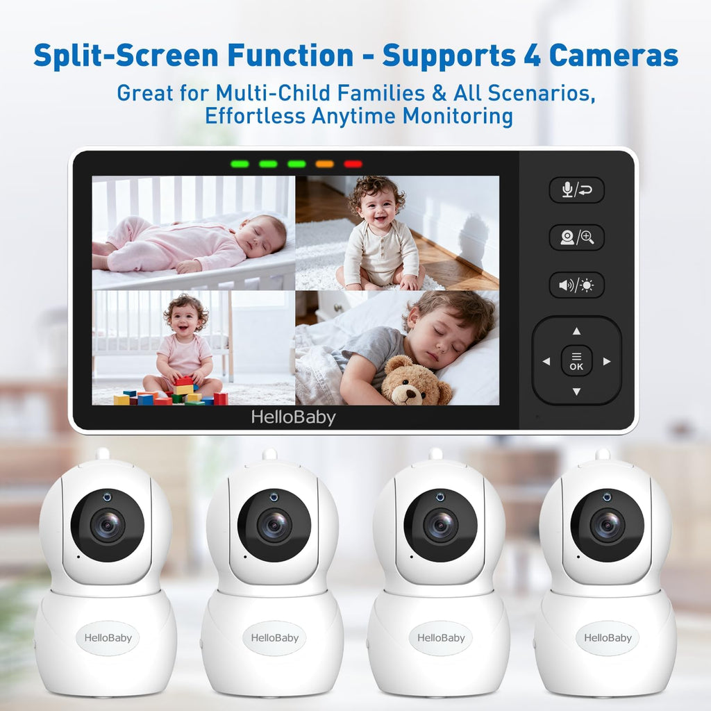 HelloBaby 5.5' 720P HD Baby Monitor with 4 Cameras,Split Screen Display,Video Baby Monitors,No WiFi,Remote Pan/Tilt/Zoom,Night Light,4000mAh Battery,Wide View,Ideal for Twins/Multiple Children