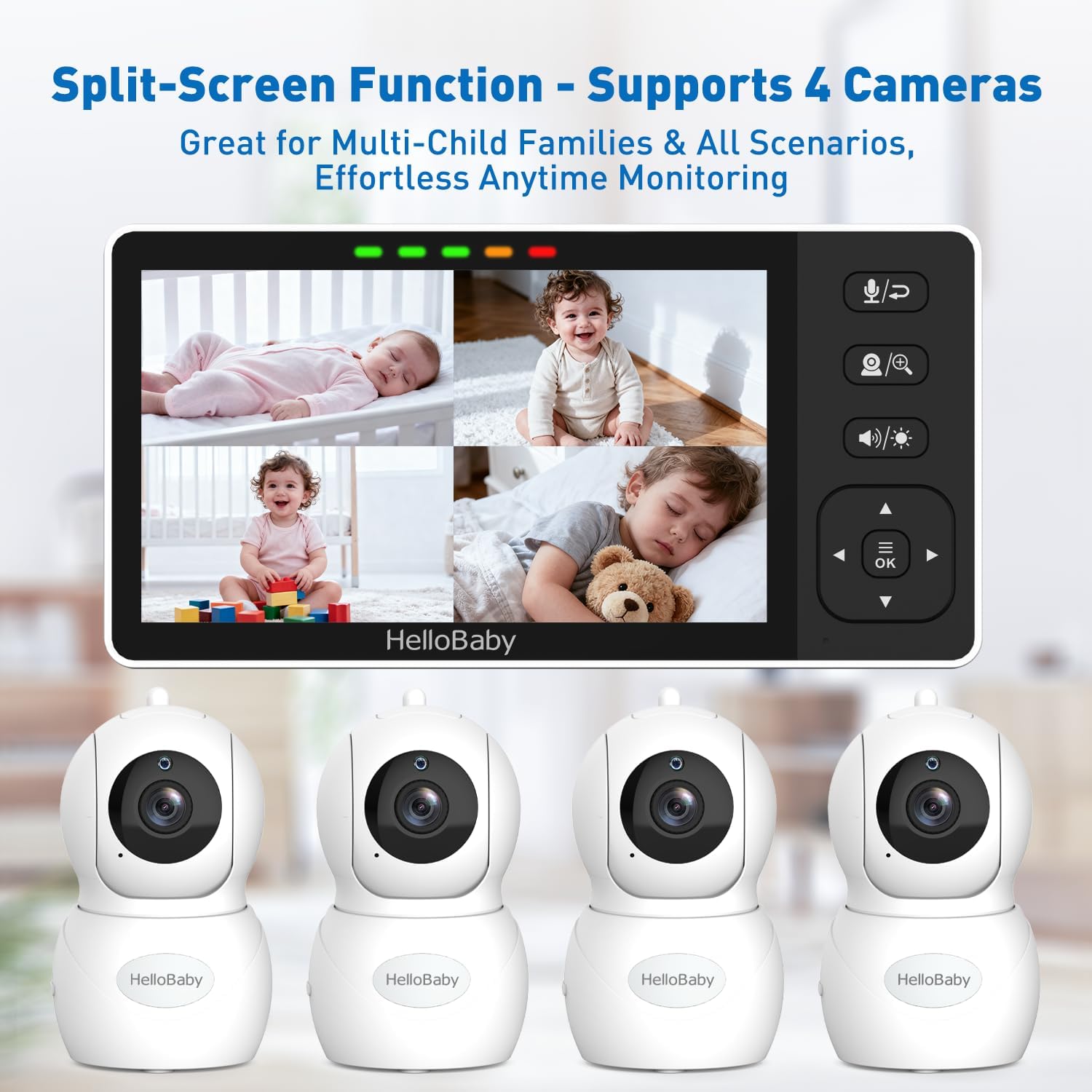 HelloBaby 5.5' 720P HD Baby Monitor with 4 Cameras,Split Screen Display,Video Baby Monitors,No WiFi,Remote Pan/Tilt/Zoom,Night Light,4000mAh Battery,Wide View,Ideal for Twins/Multiple Children