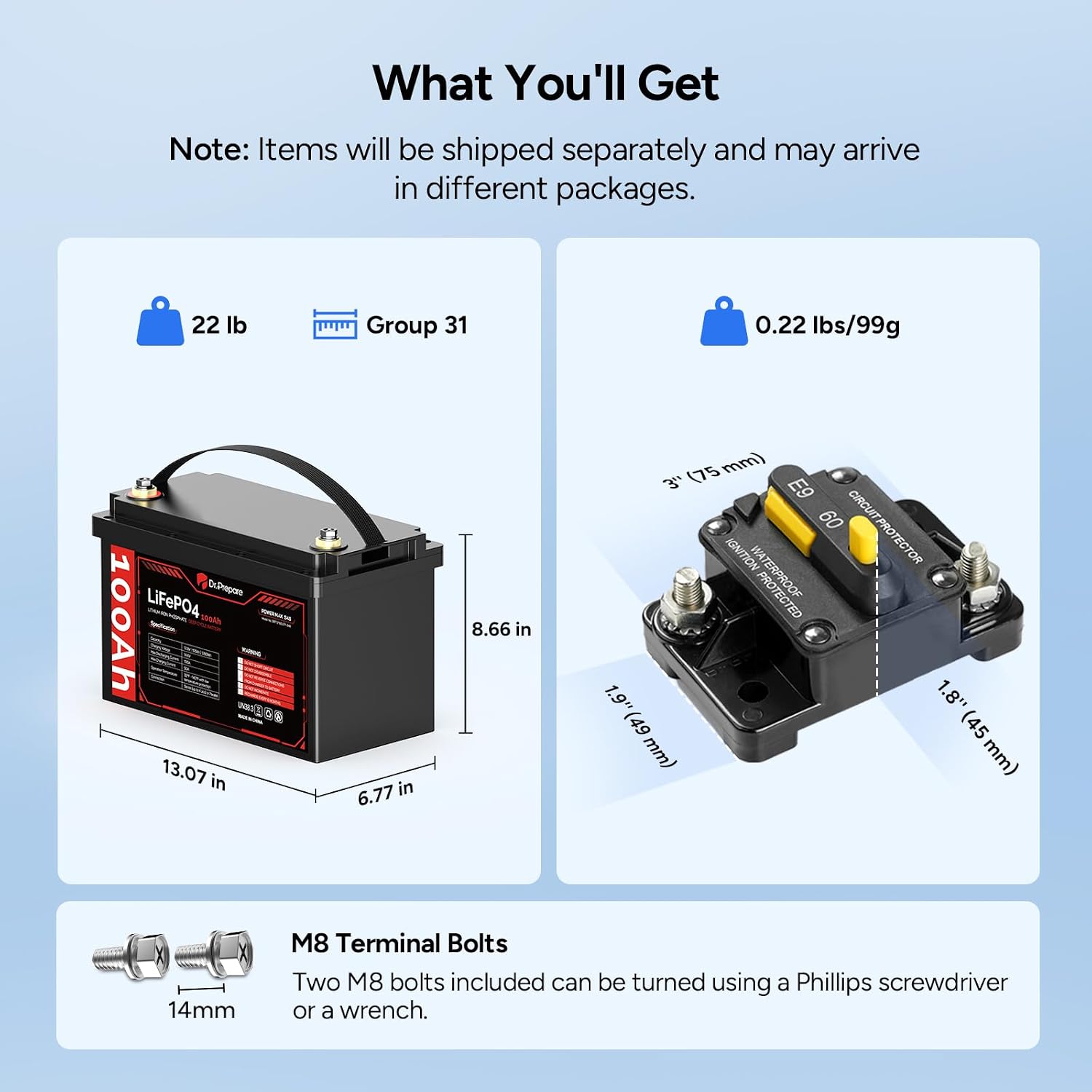 DR.PREPARE 12V 100Ah Trolling Motor LiFePO4 Battery with 60A Circuit Breaker Kit, Group 31 Lithium Iron Phosphate Battery with 100A BMS, Grade A+ Cells, Low-Temp Protection for Boats, Marine, RV