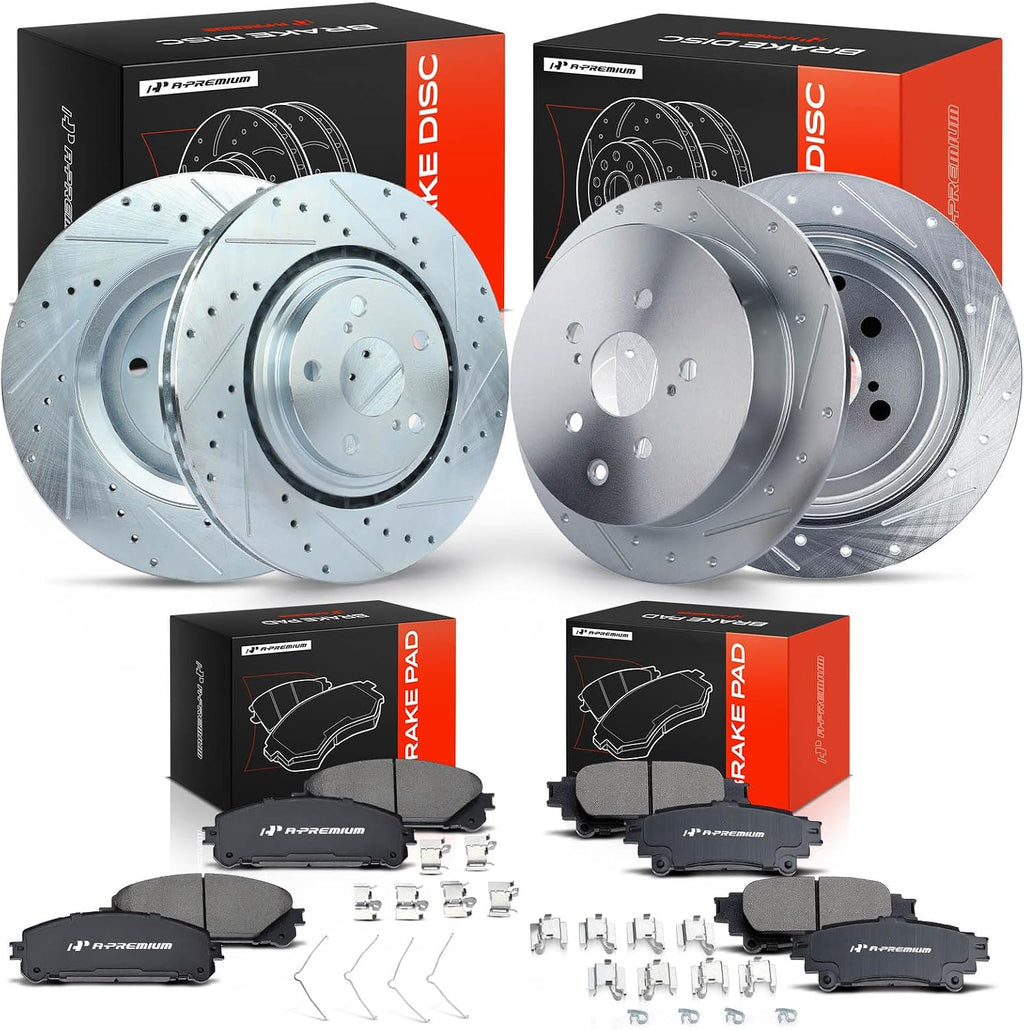 A-Premium Front & Rear Drilled and Slotted Disc Brake Rotors + Ceramic Pads Kit Compatible with Select Lexus and Toyota Models - RX350/RX450H 2010-2015, Highlander 2014-2019, Sienna 2011-2020, 12-PC