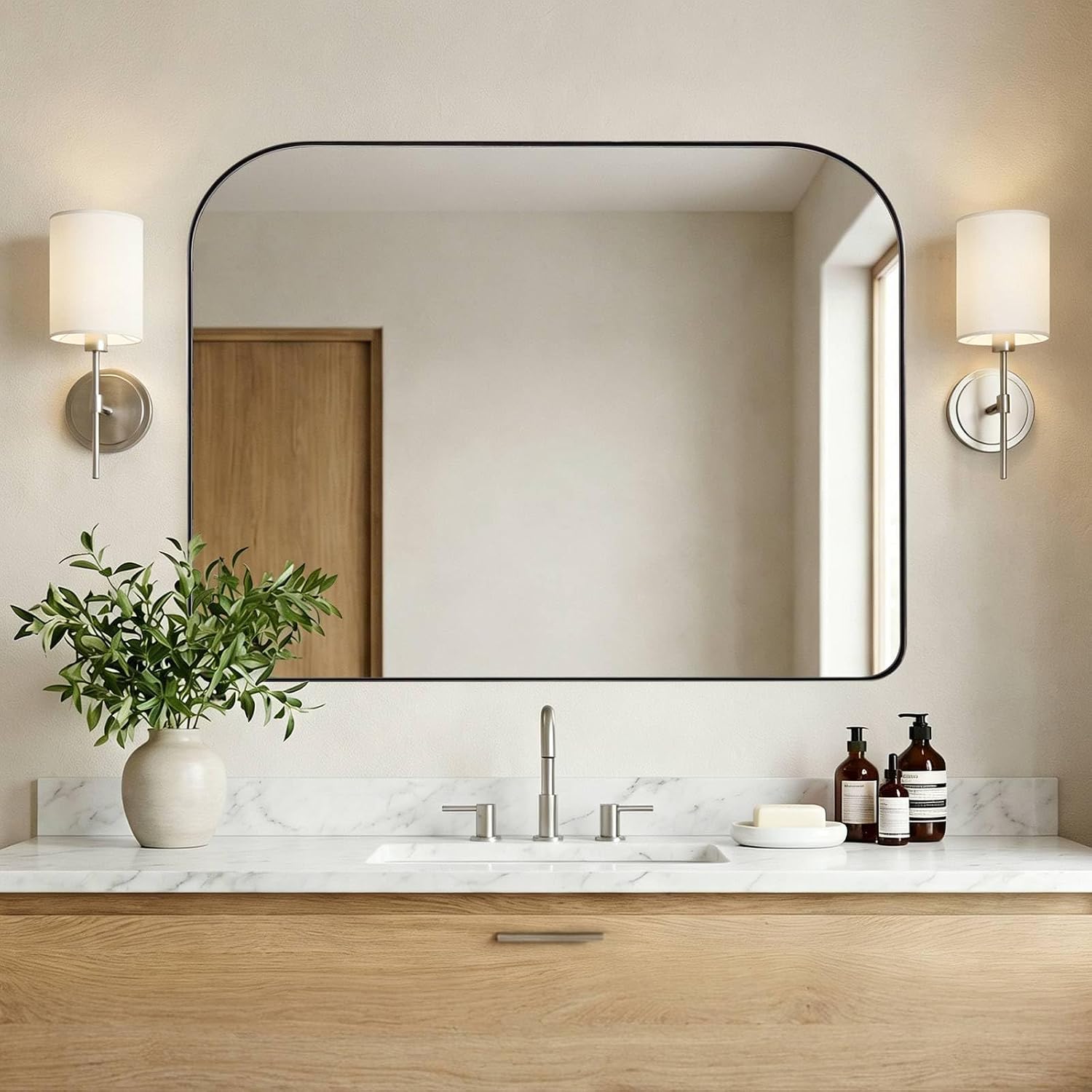 ANDY STAR Brushed Nickel Bathroom Mirror 30x40, Large Silver Rounded Rectangular Wall Mirror, Horizontal Stainless Steel Metal Frame for Over Sink, Fireplace Mantel, Wide Vanity, Rust-Resistant