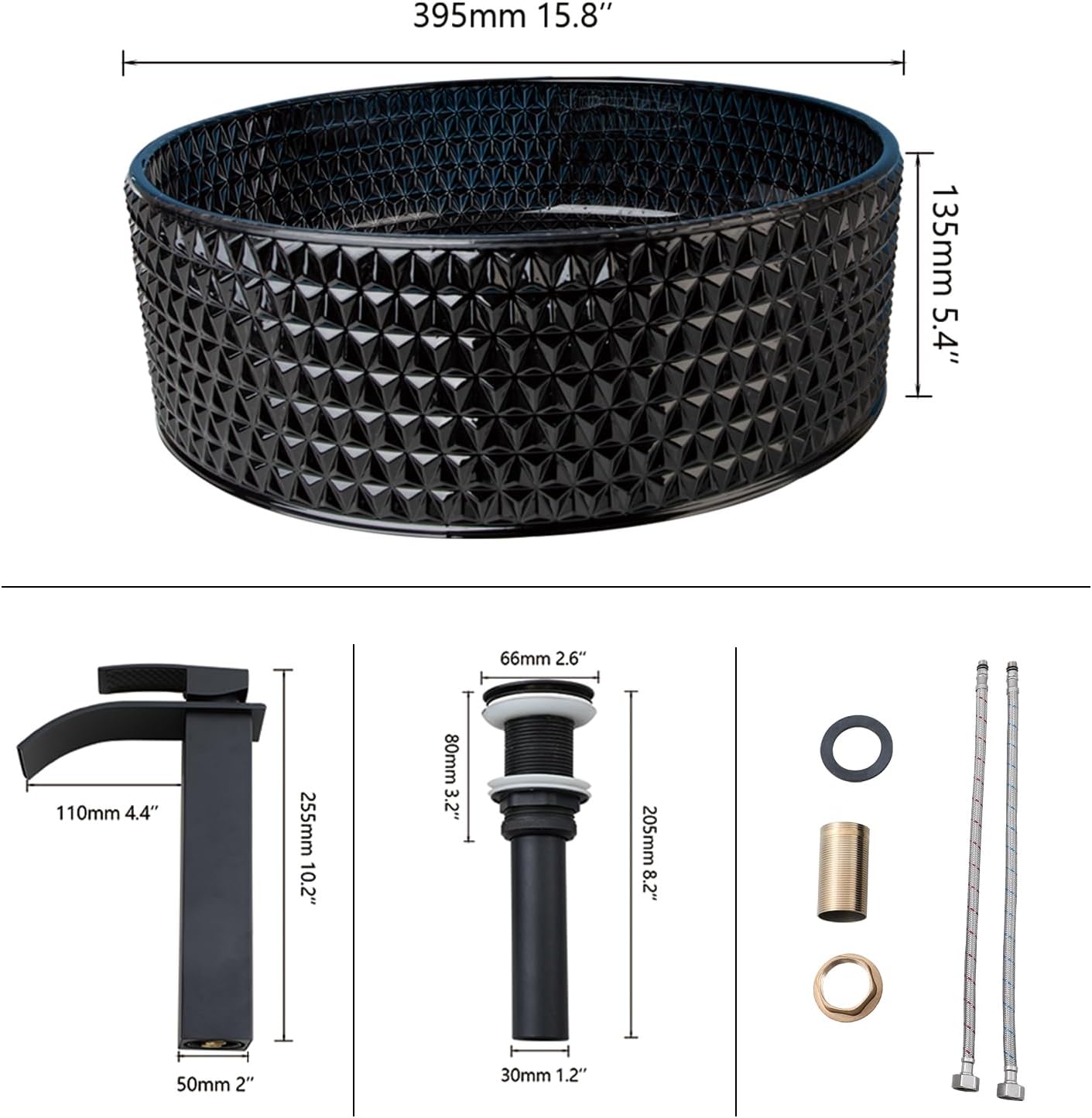 Black Crystal Bathroom Vessel Sink with Waterfall Faucet and Drain Combo,16 Inch Diamond Shaped Tempered Glass Sink Above Counter Round Bathroom Sink Bowl Art Basin