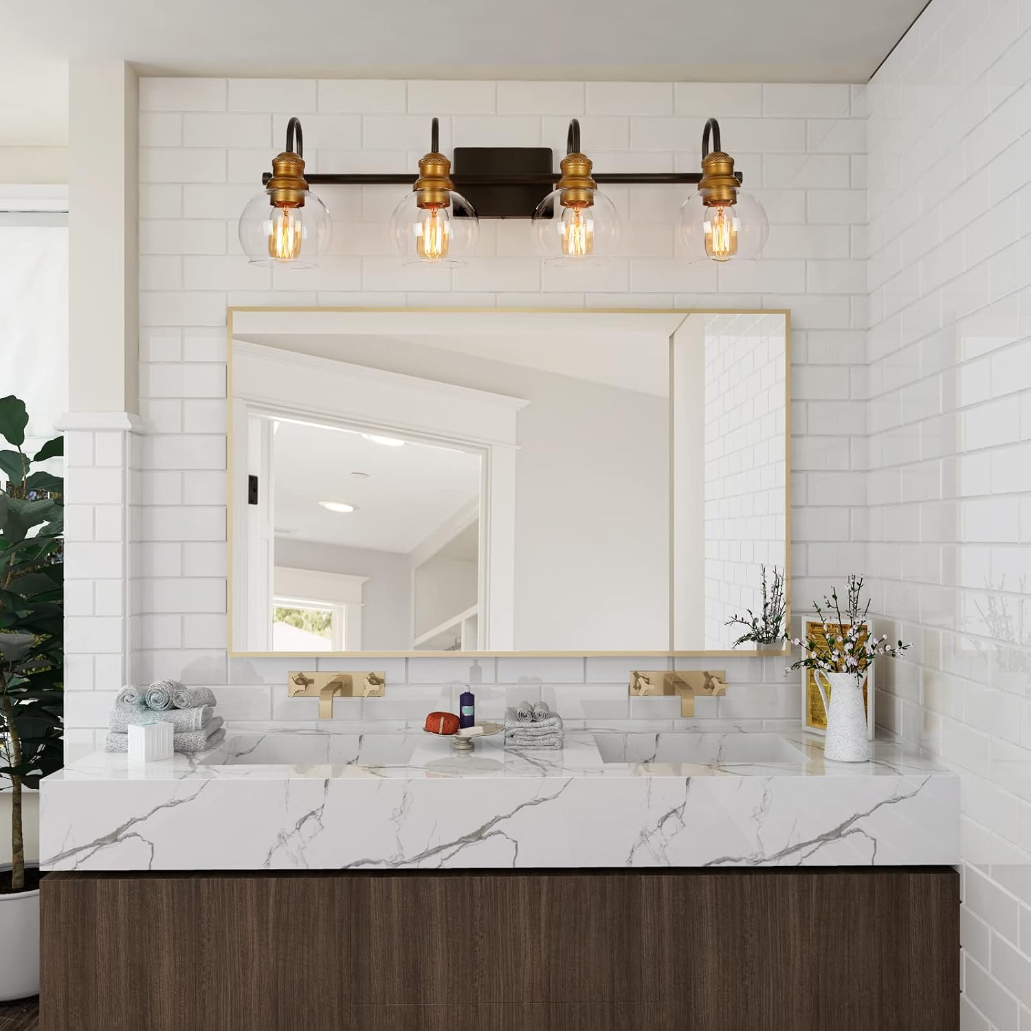 LALUZ Bathroom Vanity Light, 4-Light Black Bathroom Light Fixtures with Oil Rubbed Bronze Finish, Modern Farmhouse Vanity Lights with Clear Globe Glass Shade (L 29.5' x W 7' x H 9')