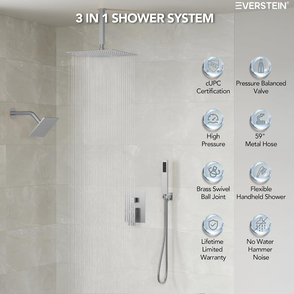 10' High-Pressure Rainfall Shower Faucet, Celling Mount Dual Shower Head System, Brushed Nickel