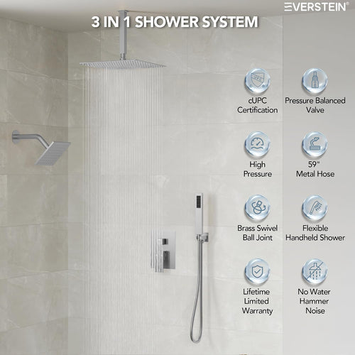 10' High-Pressure Rainfall Shower Faucet, Celling Mount Dual Shower Head System, Brushed Nickel
