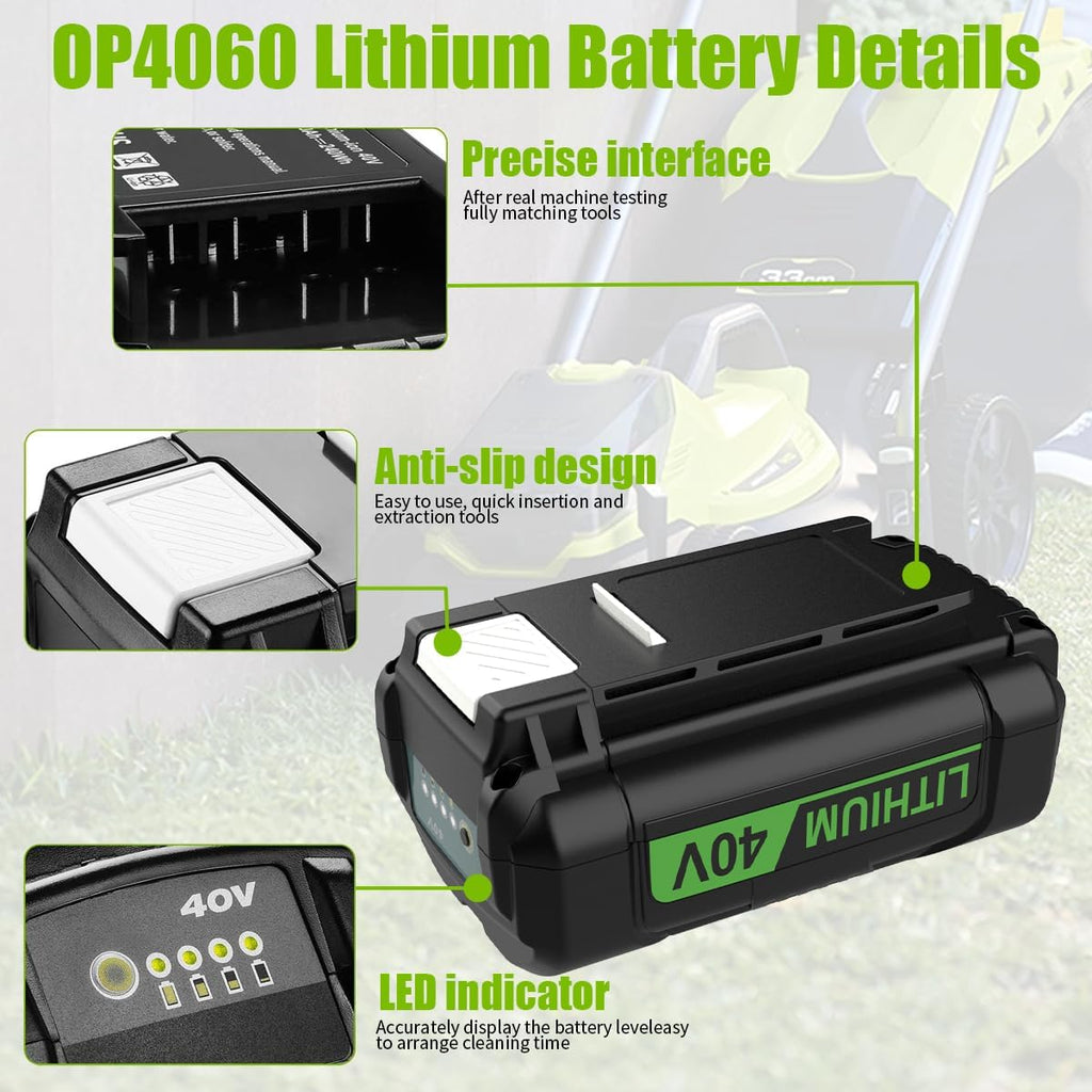 2 Packs 6.5Ah OP40601 Battery and OP401 Charger Replacement for Ryobi 40V Battery and Charger Combo