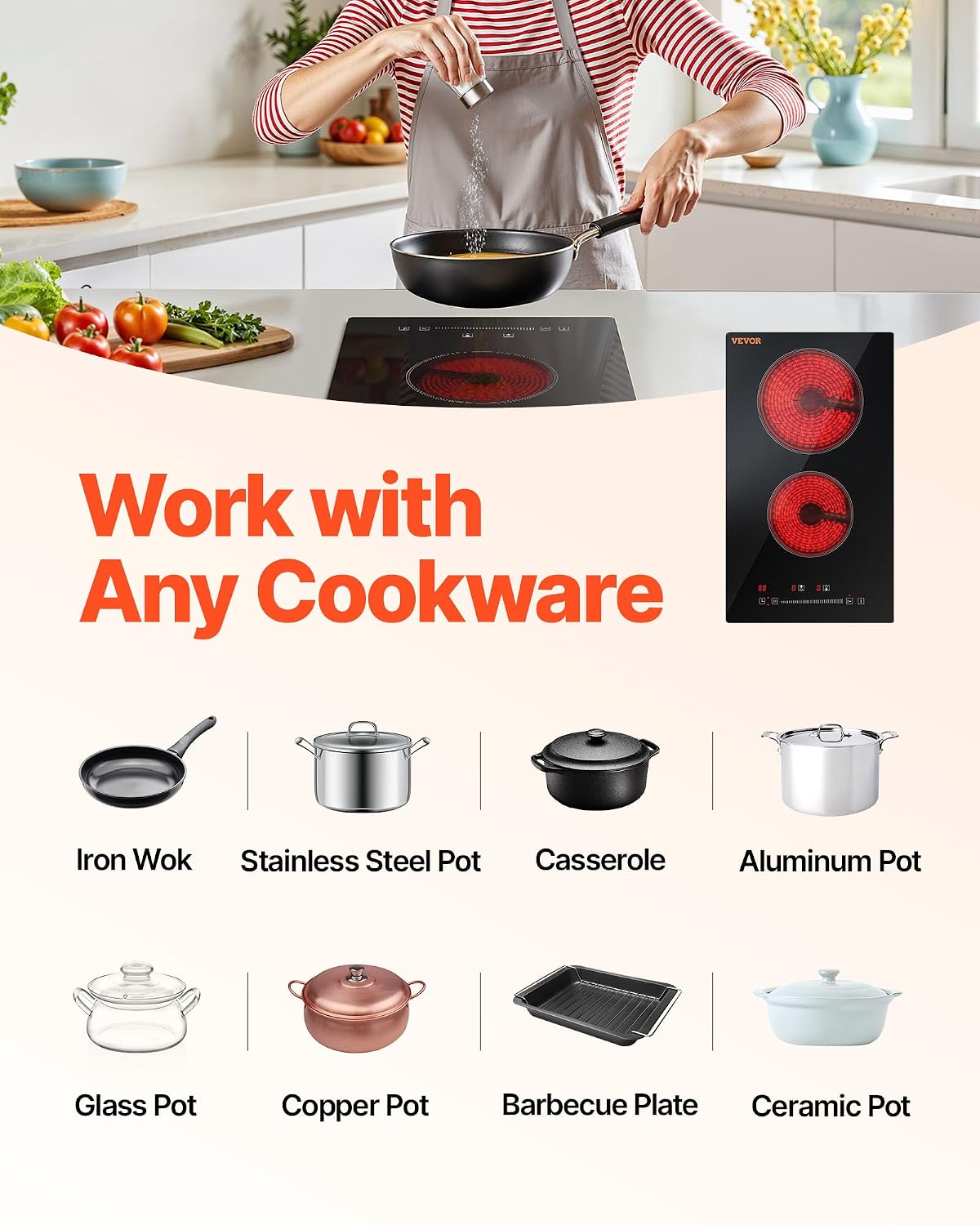Happybuy 20x11.6 Inch Electric Stove Top, 2 Burners, 240V Glass Radiant Cooktop with Sensor Touch Control, Timer, Child Lock, 9 Power Levels for Frying, Simmering, Steaming