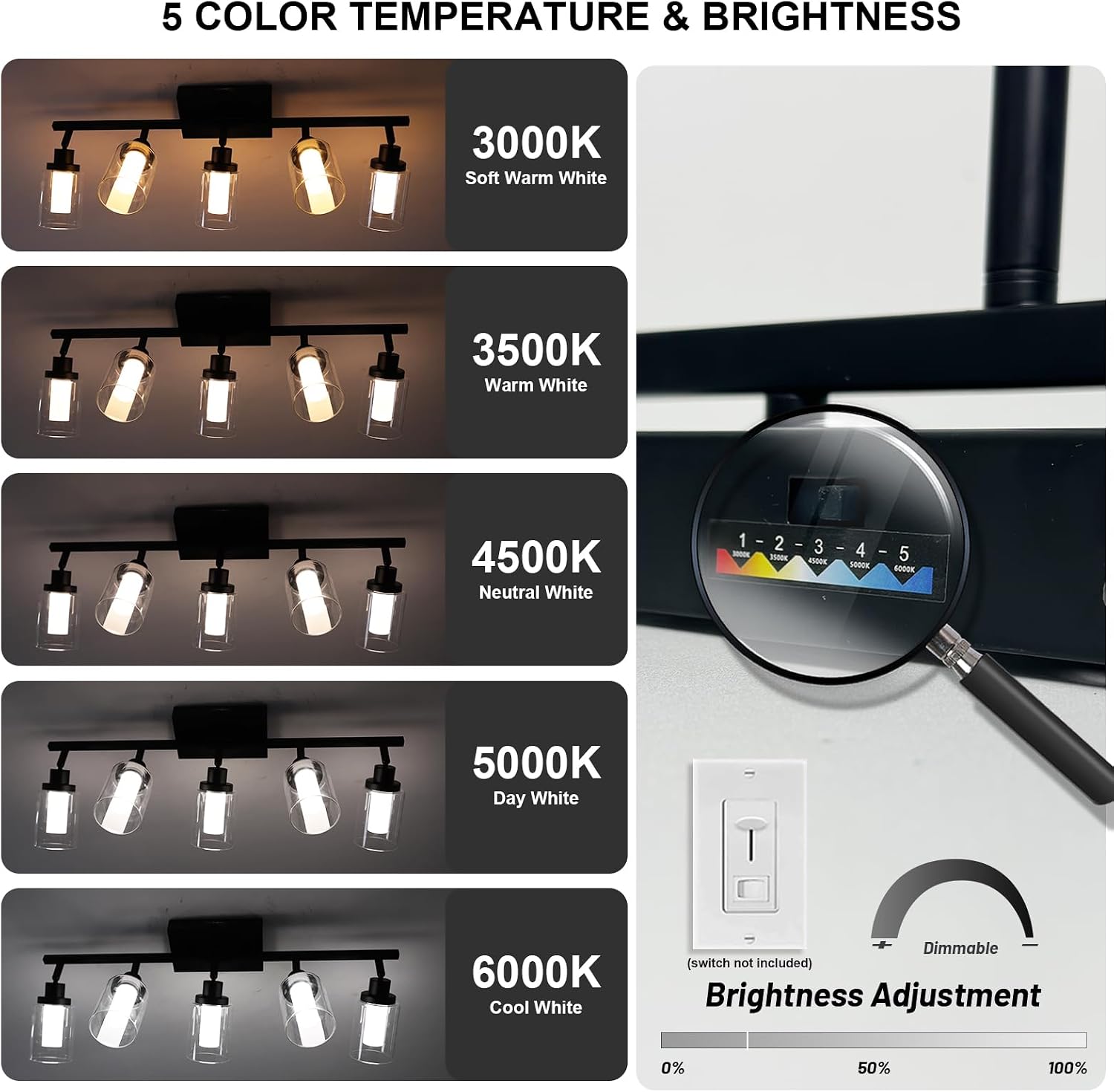 4-Light LED Black Dimmable Track Lighting Kit, 5-Color Temperature Adjustable Directional Ceiling Spotlight, Bathroom Wall Lamp with Integrated LED Chips