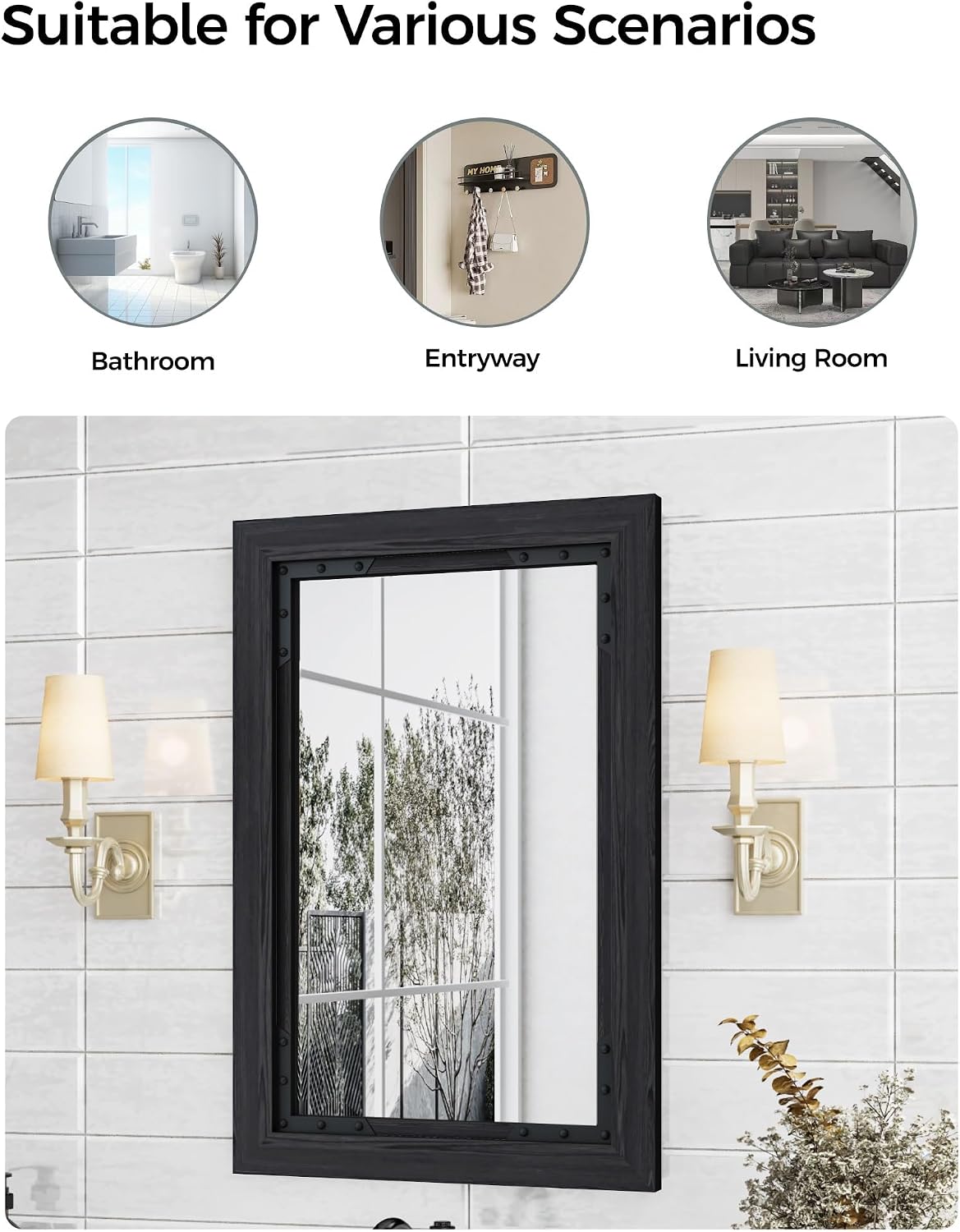 FLYJOE Medicine Cabinet Mirror 24 x 36 Inch Farmhouse Bathroom Mirror Door Solid Wood Storage Cabinet with Adjustable Shelves, Wall Mounted for Bathroom Living Room, Black