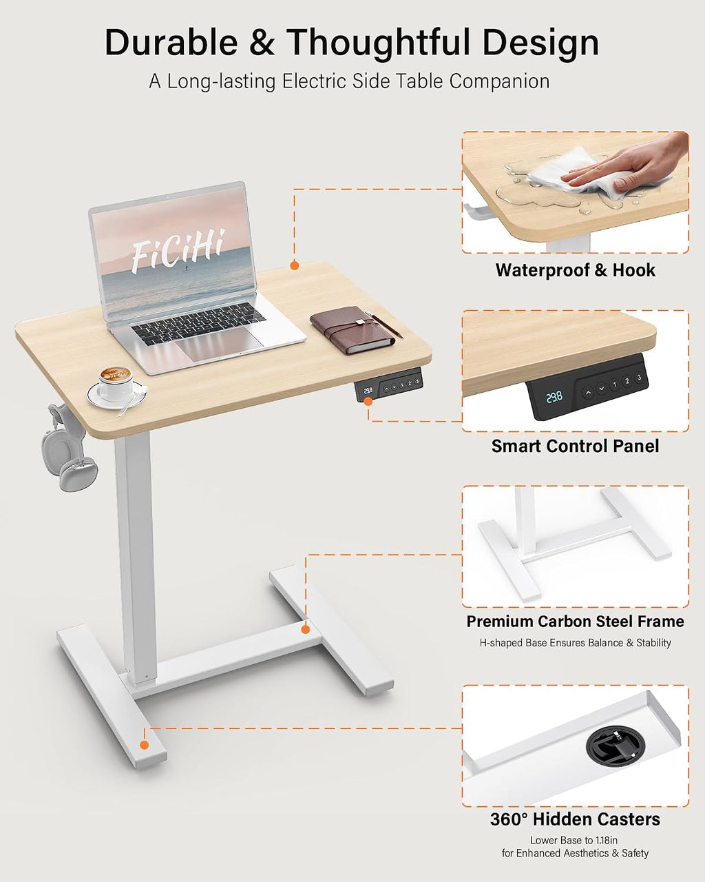 FiCiHi Small Electric Standing Desk - Adjustable Height Bedside Laptop Table with Wheels, Mobile, Portable Rolling Computer Workstation Sit Stand Table for Home Office, Sofa, Couch Use(28x16,Maple)