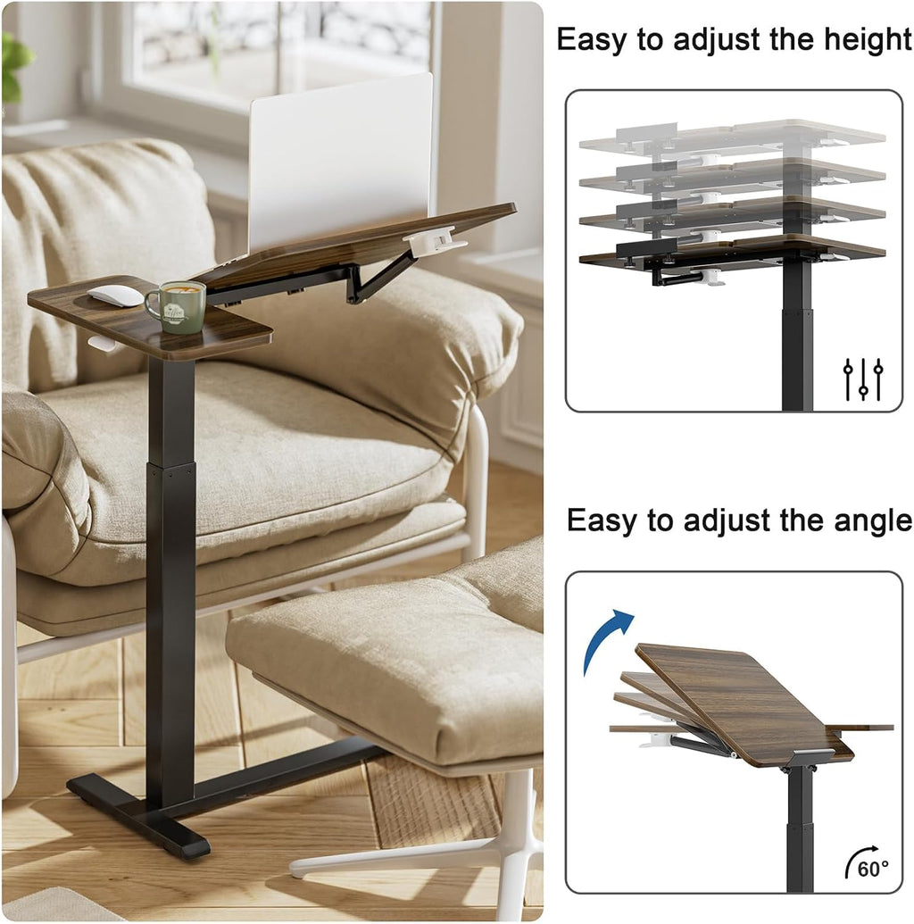 Ywin Medical Adjustable Tilt Overbed Bedside Table with Wheels, Swivel Portable Tray Table (27.6' W x 15.8' D), Small Standing Desk for Bedroom, Hospital, Couch, Office Use, Black Walnut