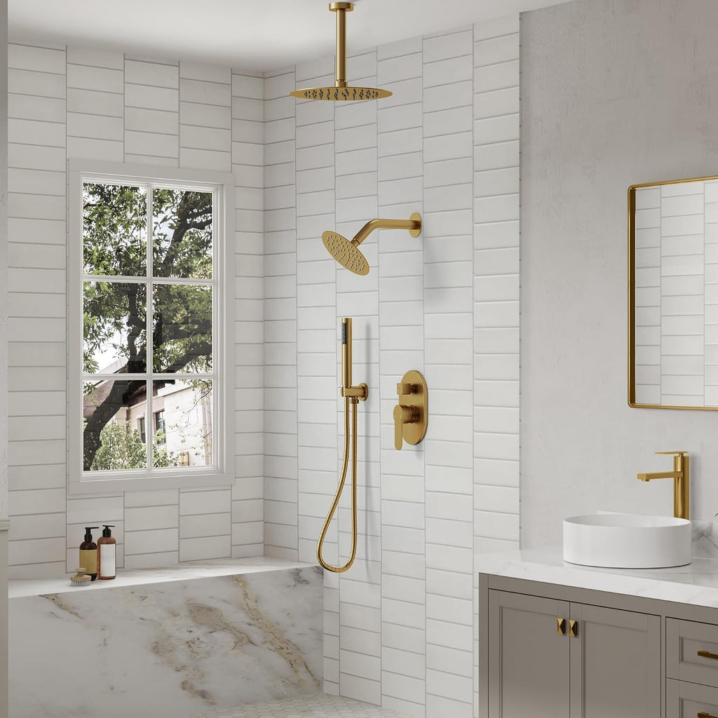 Ceiling Mount 10' High-Pressure Rainfall Shower Faucet, Dual Rainfall Shower Head System with Valve (Brushed Gold)