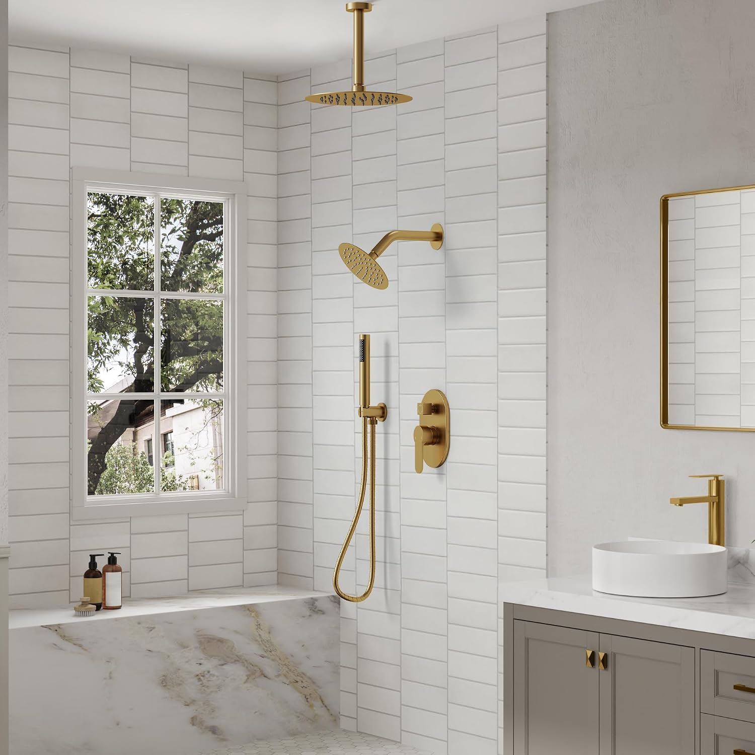 Ceiling Mount 10' High-Pressure Rainfall Shower Faucet, Dual Rainfall Shower Head System with Valve (Brushed Gold)