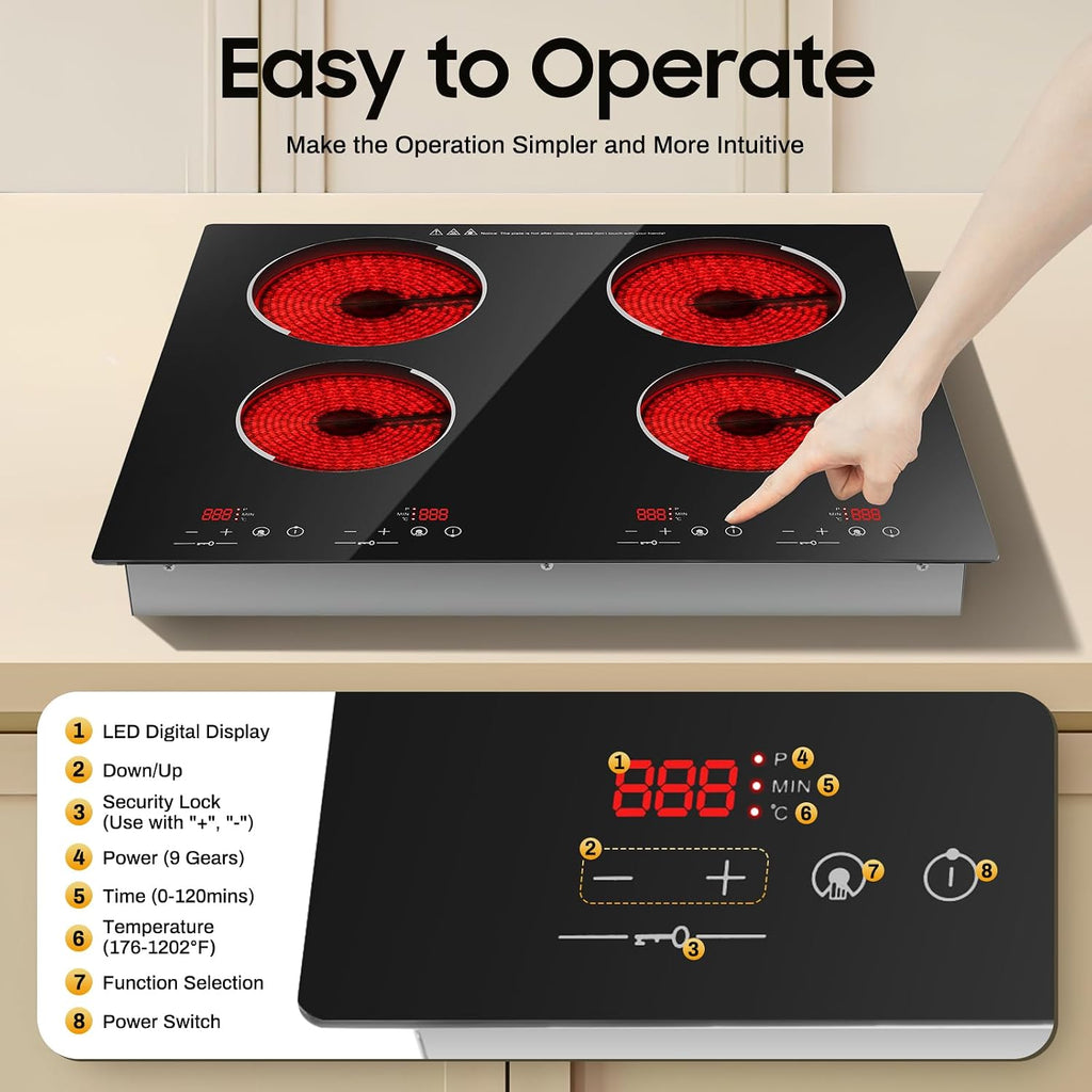 4 Burner Electric Cooktop, 3000W 110V Electric Stove Countertop & Built-in, Ceramic Stove Top with 9 Heating Level and Sensor Touch Control for Kitchens Cabins, No Plug