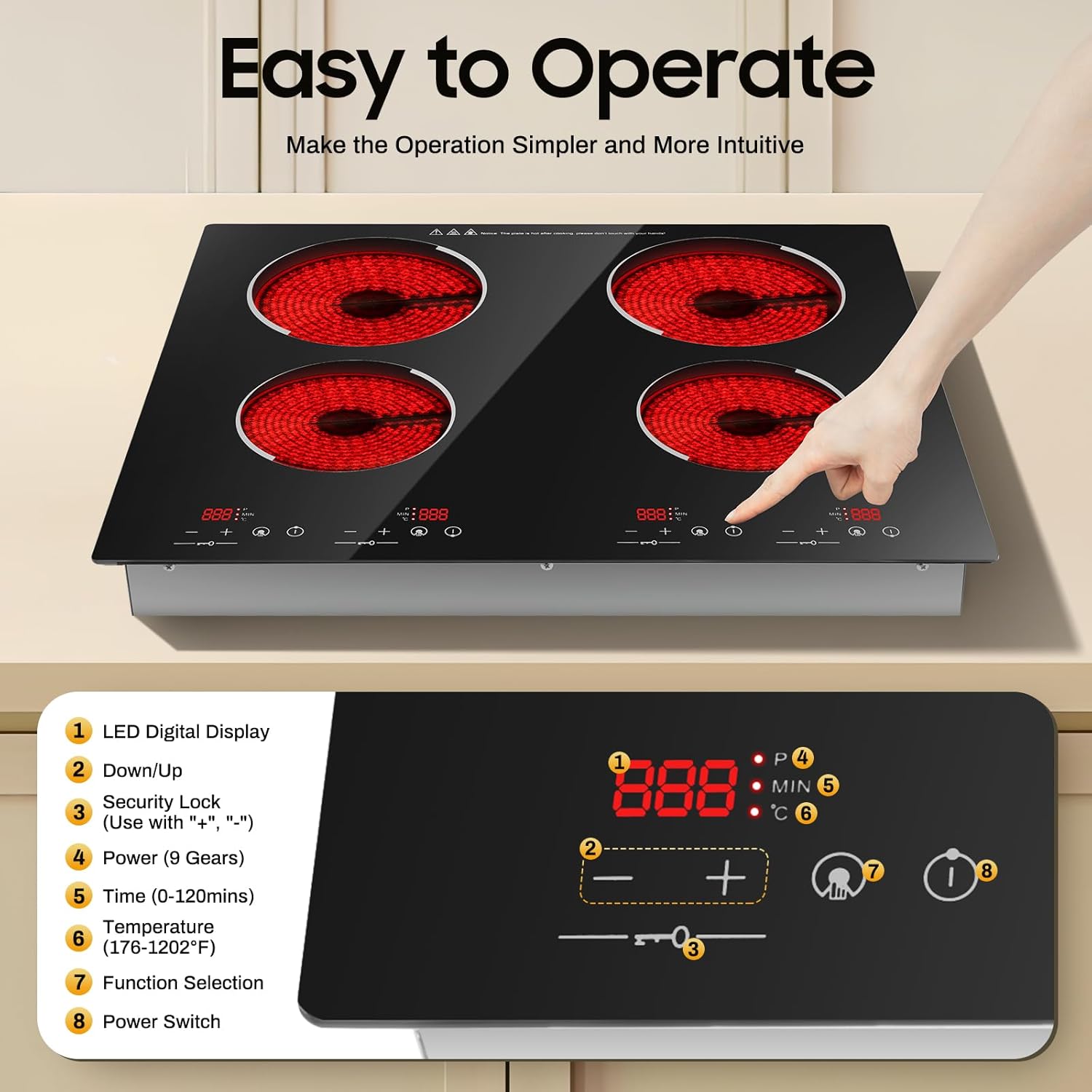 4-burner induction cooktop, 24-inch countertop/built-in electric stove, ceramic cooktop, child safety lock, touch controls, timer, hardwired design, no plug required, 110V 3000W