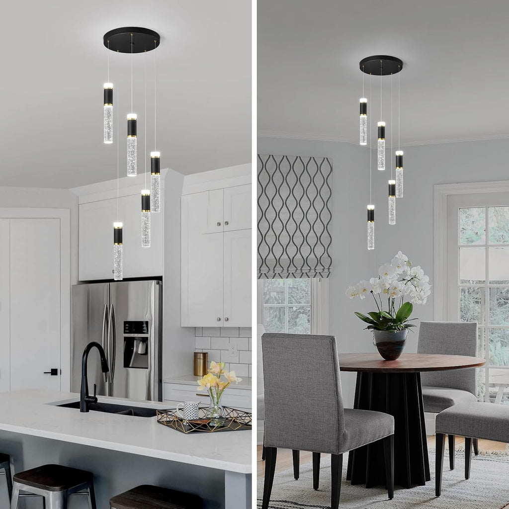 5-Light Pendant Lights, Modern Black Gold Pendant Light Fixtures with Bubble Crystal, Dimmable LED, Kitchen Island & Dining Room