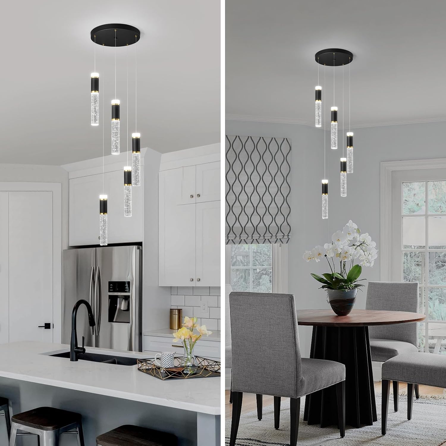 5-Light Pendant Lights, Modern Black Gold Pendant Light Fixtures with Bubble Crystal, Dimmable LED, Kitchen Island & Dining Room