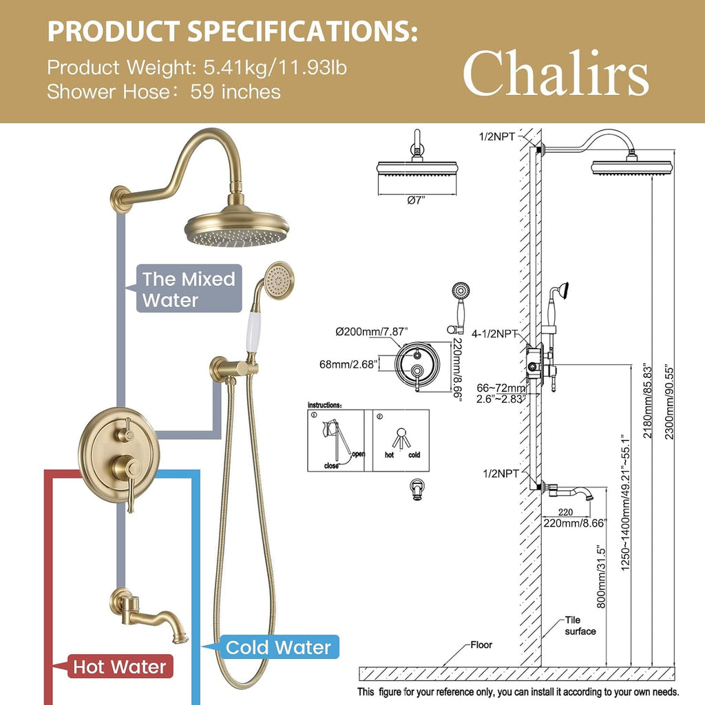 Rainfall Shower System with Handheld Sprayer,Brushed Gold Antique Shower Faucet Sets,Shower Fixture Combo with Brass Pressure Balance Valve,Complete Shower System Kit with Foldable Tub Spout