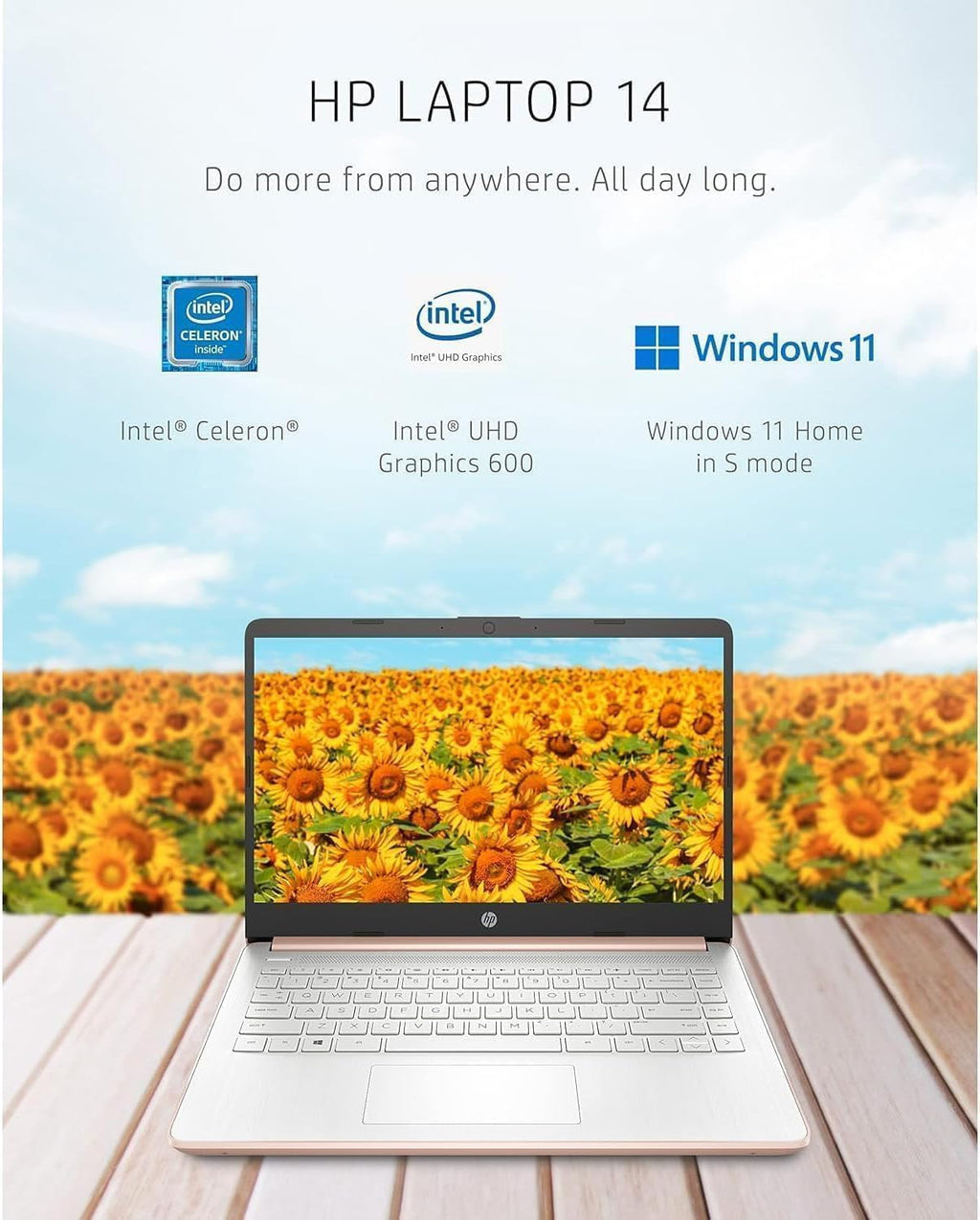 HP 14 inch Touchscreen Laptop - Intel Celeron Dual Core Processor - 8GB RAM, 64GB Storage - Windows 10 - Pale Rose Gold - Fast Charging - 10 Hour Battery - USB Type C - 5Gbs USB