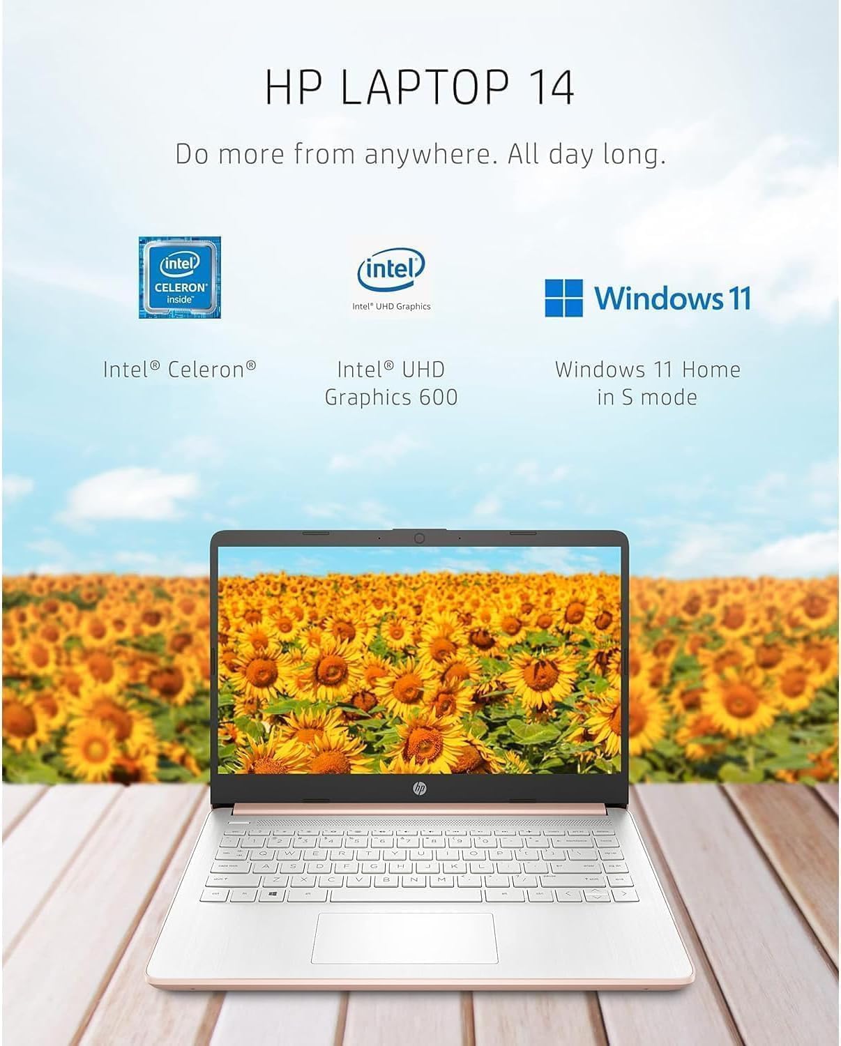 HP 14 inch Touchscreen Laptop - Intel Celeron Dual Core Processor - 8GB RAM, 64GB Storage - Windows 10 - Pale Rose Gold - Fast Charging - 10 Hour Battery - USB Type C - 5Gbs USB