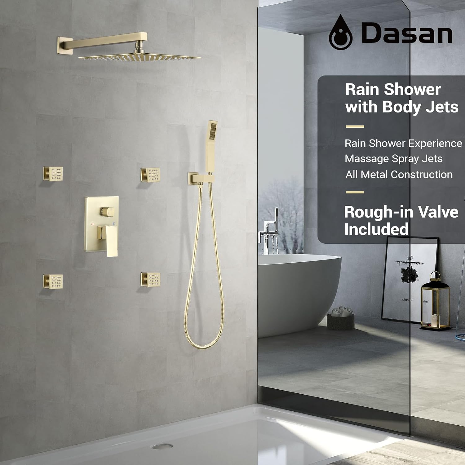 Full Body Rain Shower System with 4 Body Shower Jets & 12'' Wall Mount Rainfall Shower Head & Handheld, DASAN Multi Shower Head System Brushed Gold Rain Shower Faucets sets Combo with Rough-in Valve