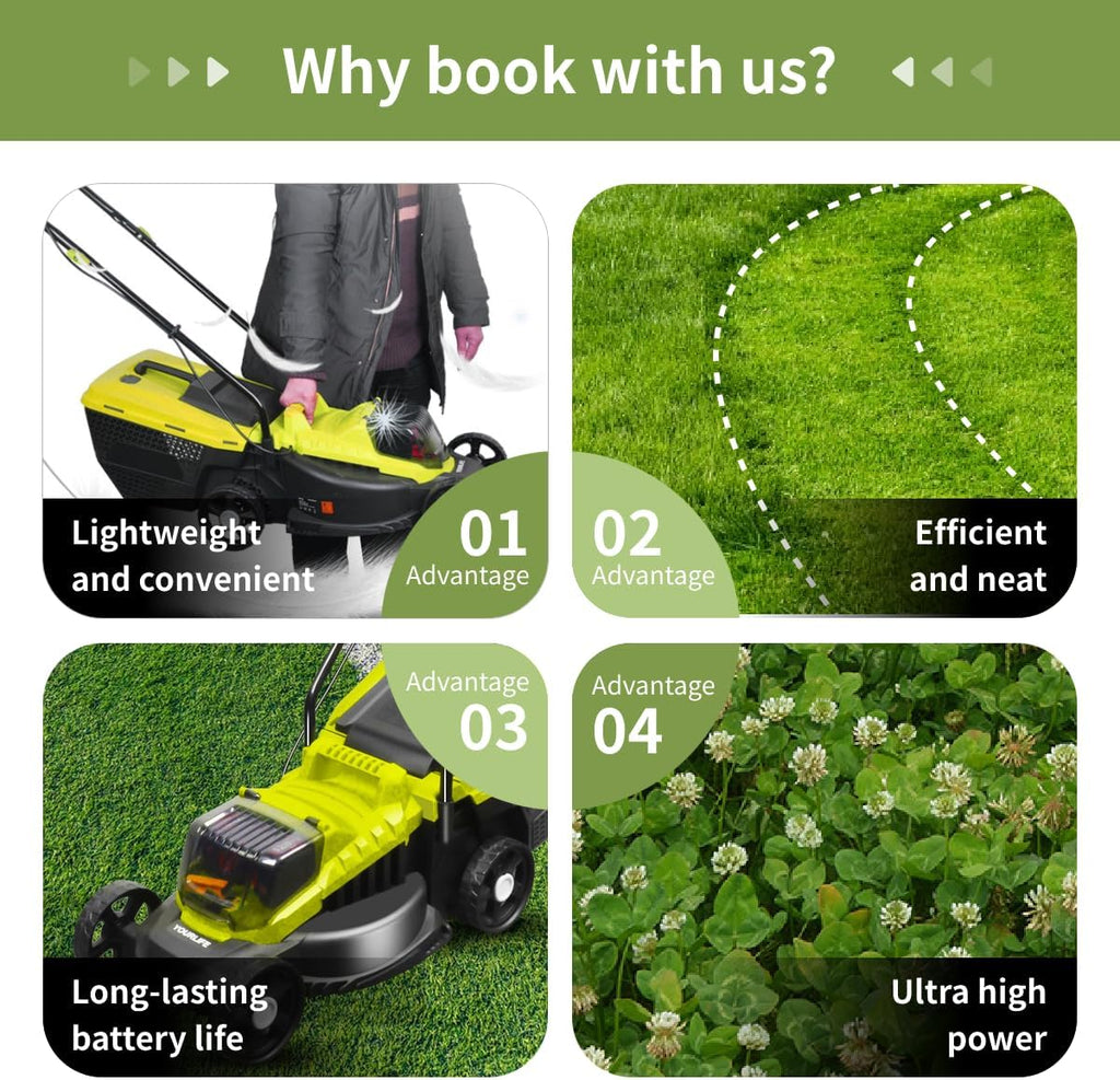 Cordless Lawn Mower, Push Lawn Mower, High-Power Brushless Motor, Suitable for Multiple Scenarios, 2 Lithium Batteries, Grass Box, Charger, Operating Manual