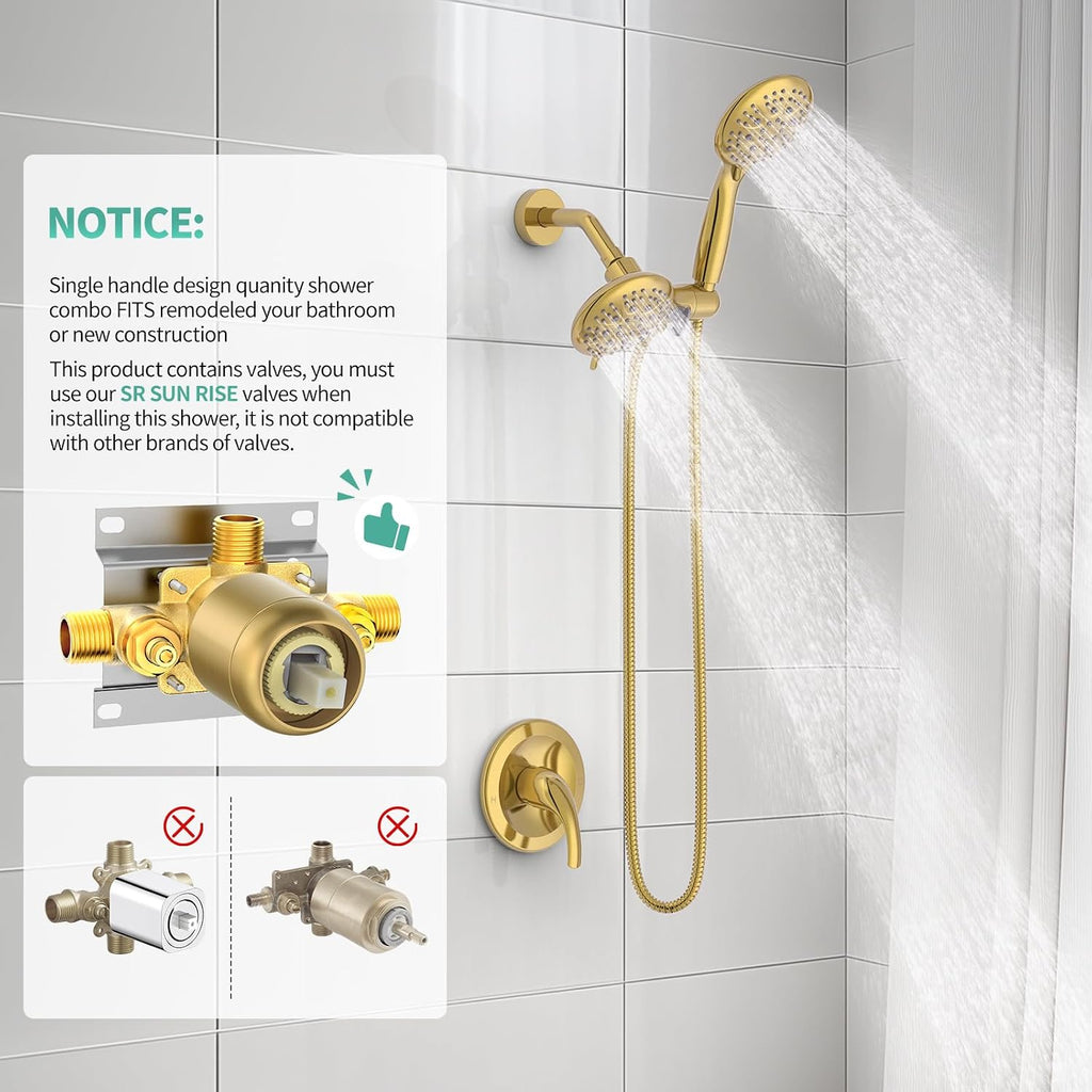 SR SUN RISE High Pressure 3-Way Rainfall Shower Faucet, 3 in 1 Shower Head and Handheld Shower Combo Set with 71' Hose, Easy to Clean Bathtub or Pets, Valve and Shower Trim Kit, Brushed Gold