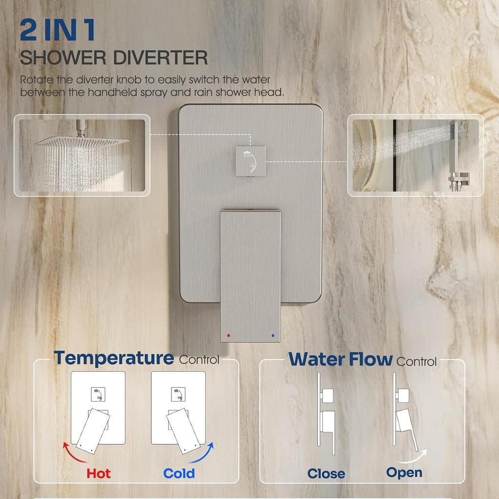 Ceiling Mount Shower System, Shower Faucet Set with 12-Inch Rain Showerhead and Handheld Spray Combo, High-Pressure Showerheads Set with Valve and Trim Kit, Brushed Nickel