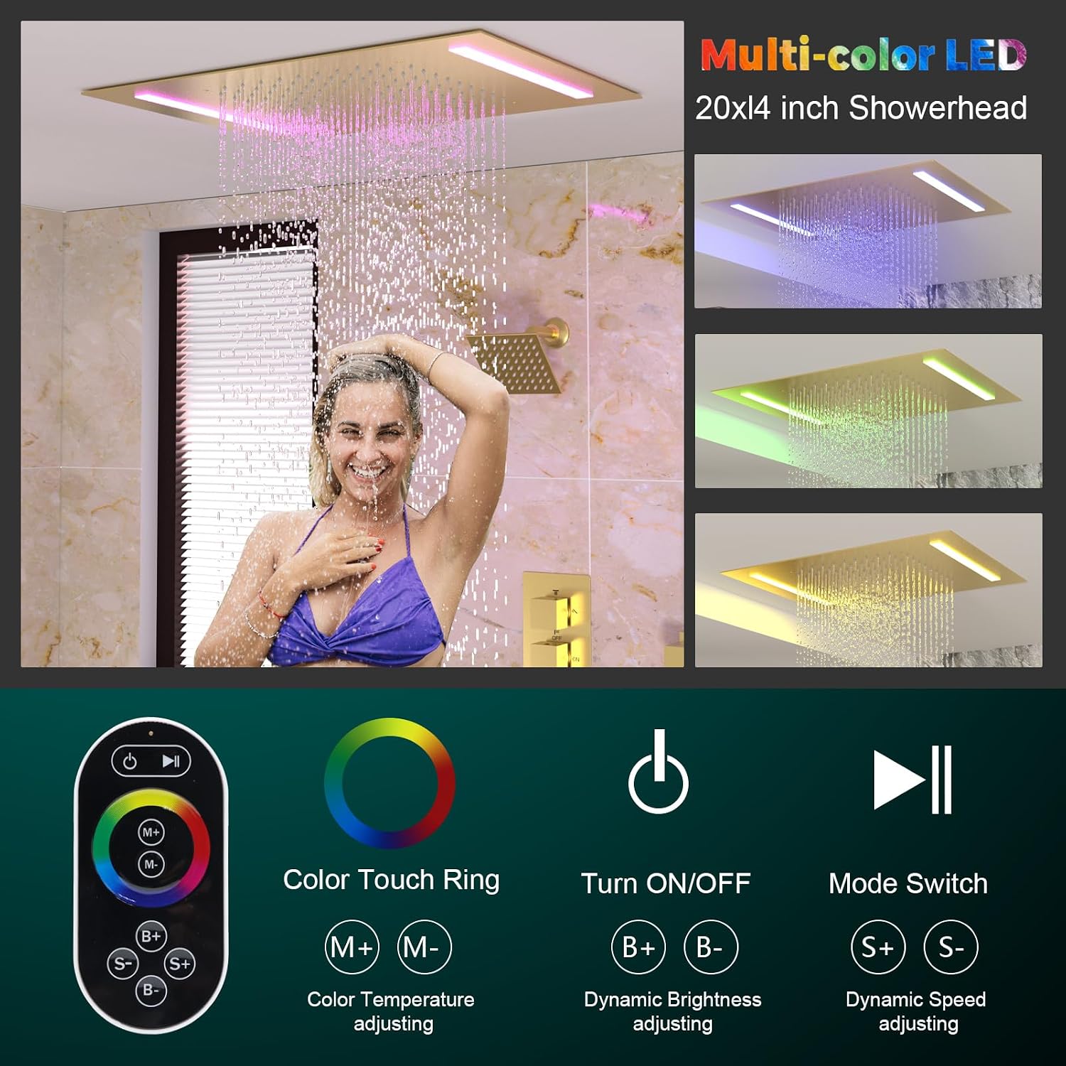 Brushed Gold Dual Heads Shower Faucets Set Thermostatic Shower System, 4-Way Luxury Shower Fixture 14X20' LED Rainfall Shower Head with 6inch Wall Showerhead, Waterfall Tub Spout, Dual-mode Handheld