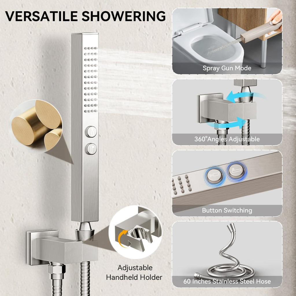 Shower Faucet Set,Thermostatic Shower System,12 Inch Ceiling Mounted and 6 Inch Wall Mount Rain Shower Head with 2 in 1 Handhled,High Pressure Dual Shower Head Combo Set