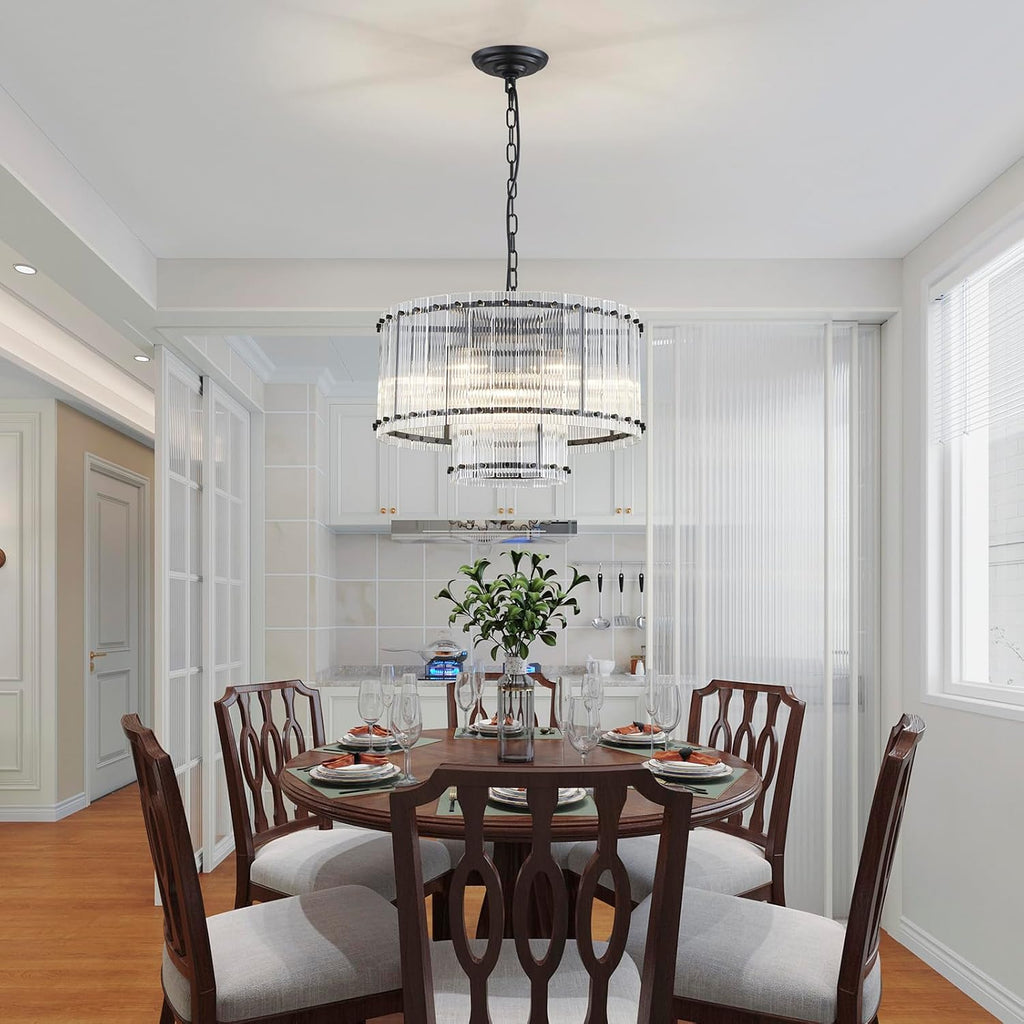 Saint Mossi Black Drum Chandelier Light Fixture, Doule Layer Middle Century Modern Design, with 7-Light, D18 x H10, Adjustable 59' Chains, Glass Shade & Black Metal Frame