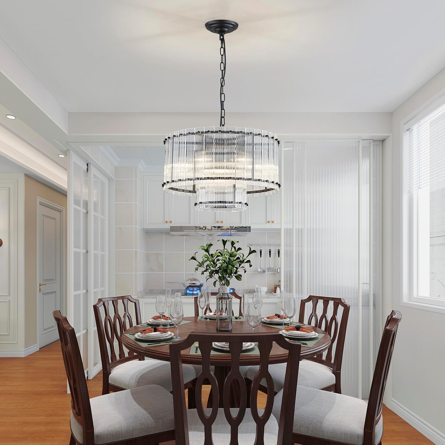 Saint Mossi Black Drum Chandelier Light Fixture, Doule Layer Middle Century Modern Design, with 7-Light, D18 x H10, Adjustable 59' Chains, Glass Shade & Black Metal Frame
