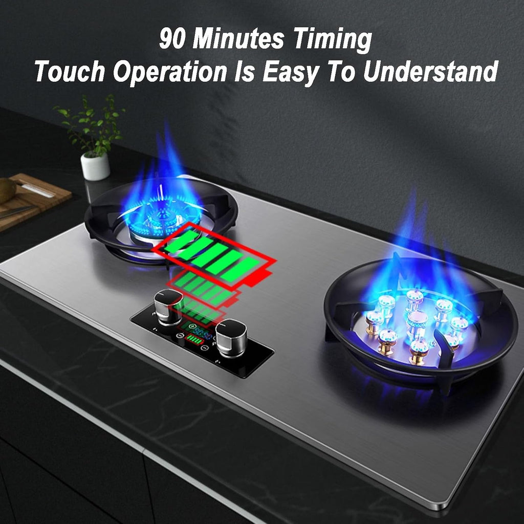 Gas Stove 2 Burners,NG/LPG Convertible Stove,Tabletop/Built-in Stainless Steel Cast Copper Cooktop,with Flameout Protection,4.8KW/5.2KW(NG)