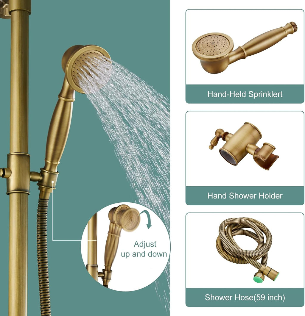 Heyalan Antique Brass Exposed Pipe Shower System 8 Inch Rainfall Shower Head Brass Fixture Combo Set Single Handle Handheld Sprayer Bathroom Shower Faucet Dual Functions