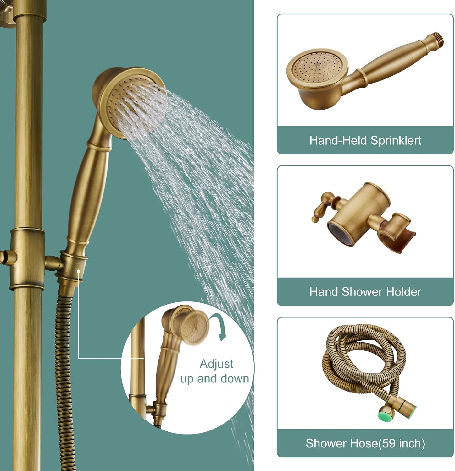 Heyalan Antique Brass Exposed Pipe Shower System 8 Inch Rainfall Shower Head Brass Fixture Combo Set Single Handle Handheld Sprayer Bathroom Shower Faucet Dual Functions